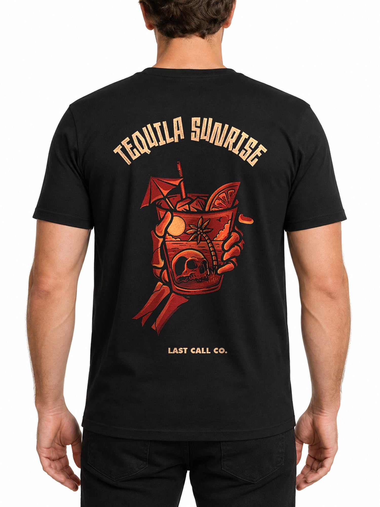 Last Call Co Tequila Sunrise Graphic T-Shirt Black featuring vintage tropical cocktail back graphic with matching front chest logo