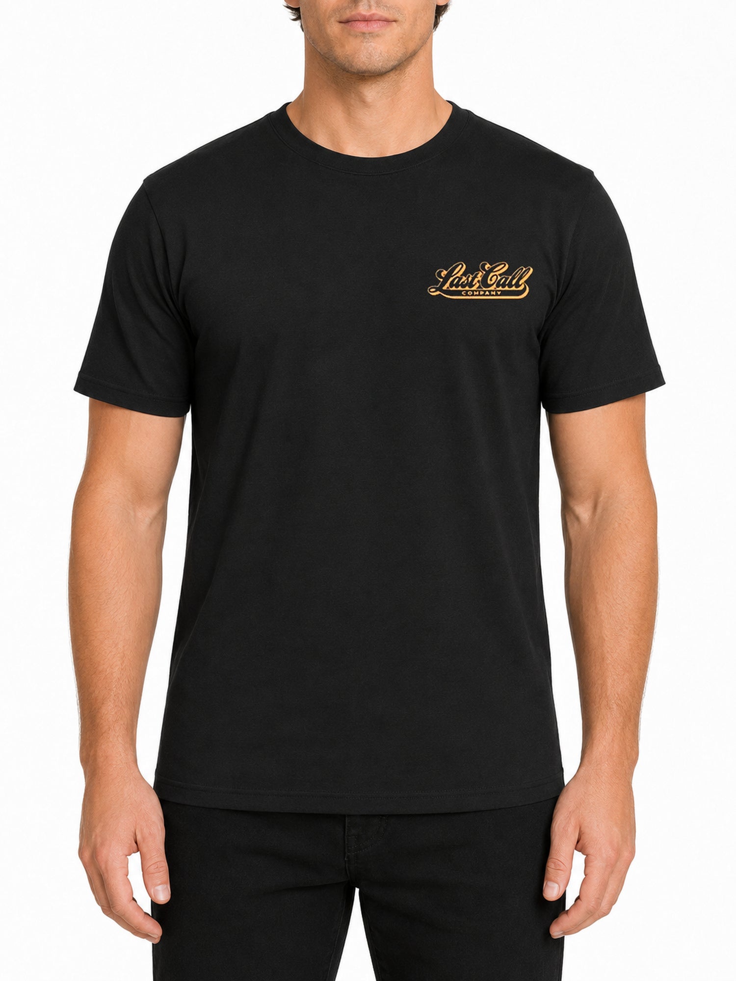 Last Call Co Tequila Sunrise Graphic T-shirt Black front view showing chest logo
