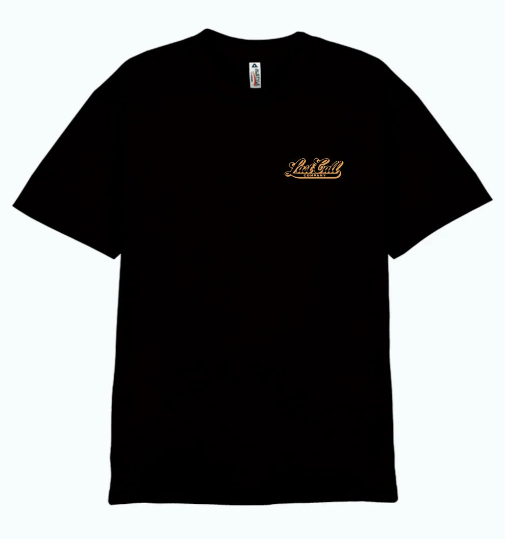 Last Call Co Tequila Sunrise Graphic T-shirt Black flat lay front view showing chest logo