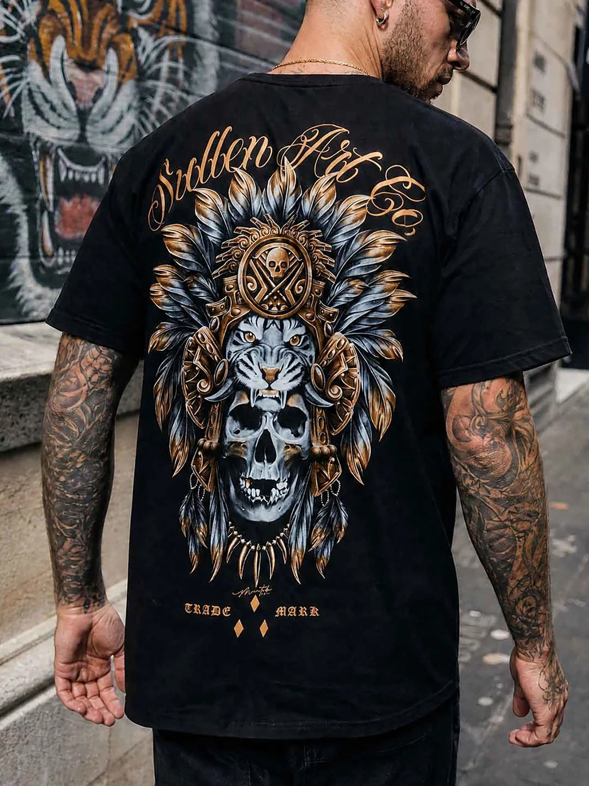 Model wearing the back of the Sullen Tiger King Premium T-shirt in Jet Black
