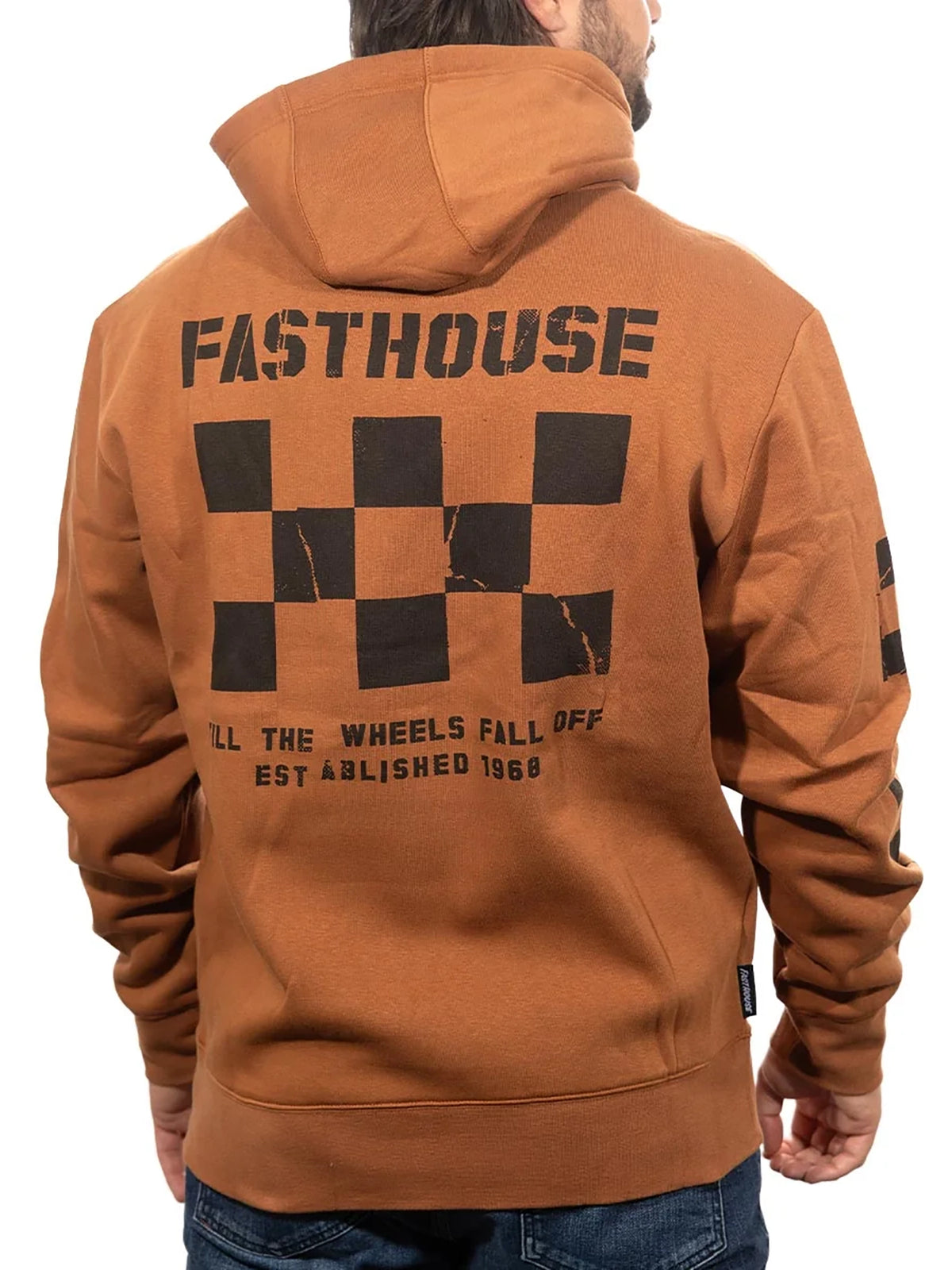 Fasthouse Men's Torn Pullover Hoodie in Rust, back view on model