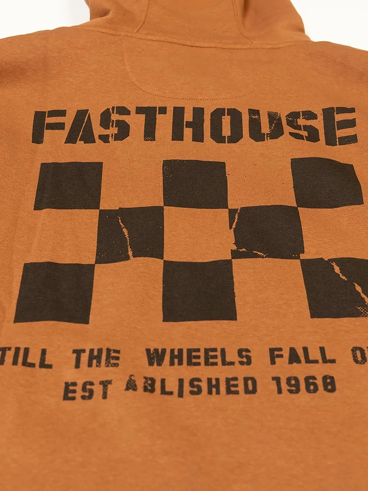 Fasthouse Men's Torn Pullover Hoodie in Rust, close-up of the back graphic