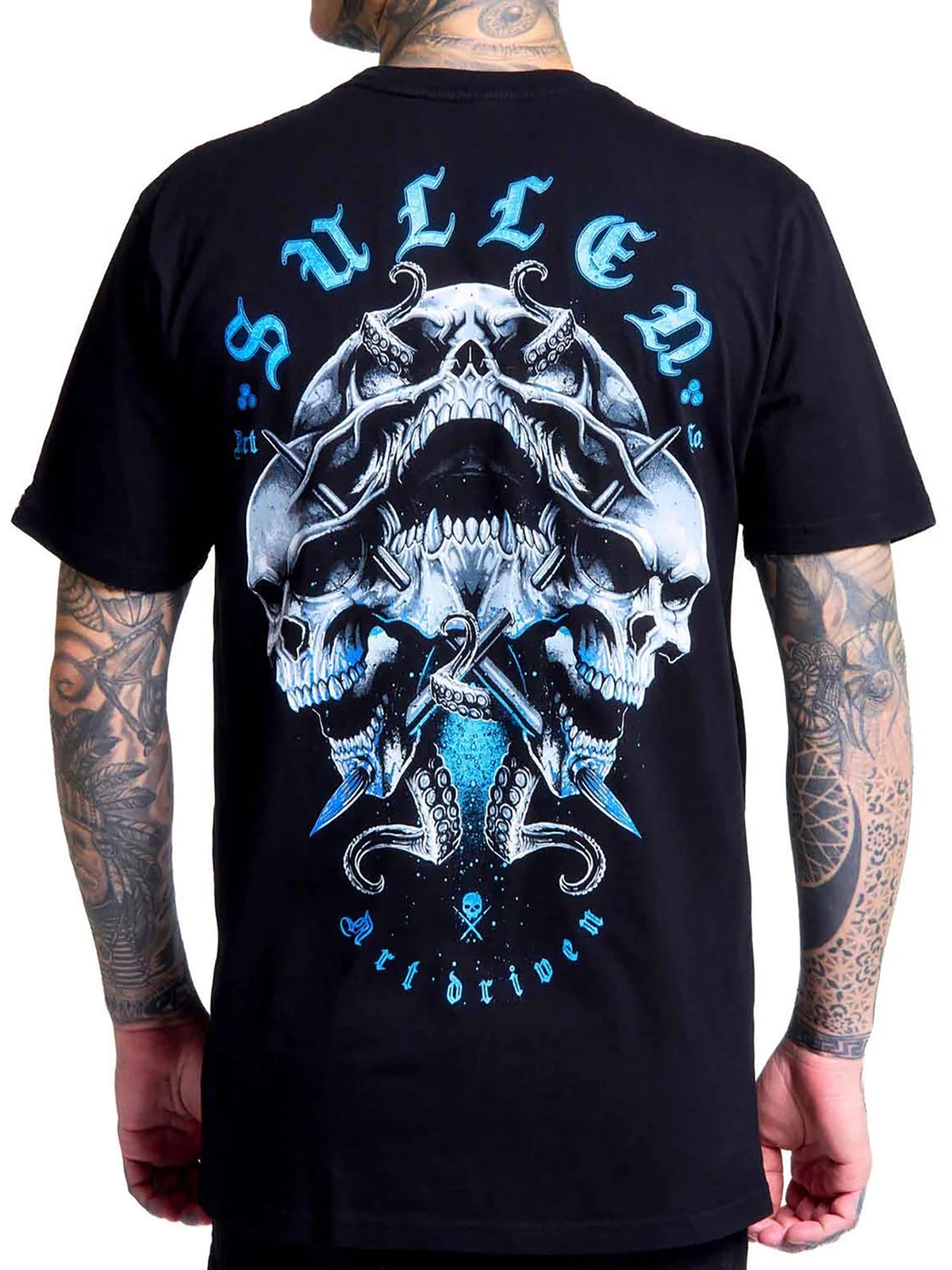 Back view of Sullen Triple Threat Premium T-shirt in Jet Black with blue three-skull and tentacle artwork
