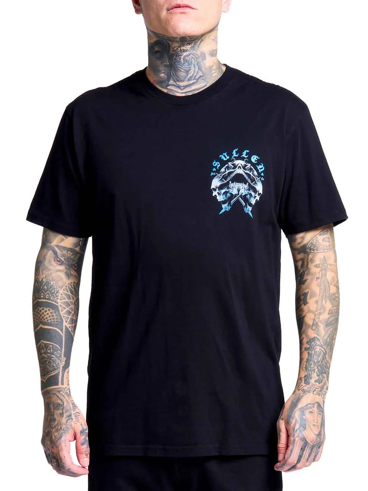 Front view of Sullen Triple Threat Premium T-shirt with small matching skull chest graphic