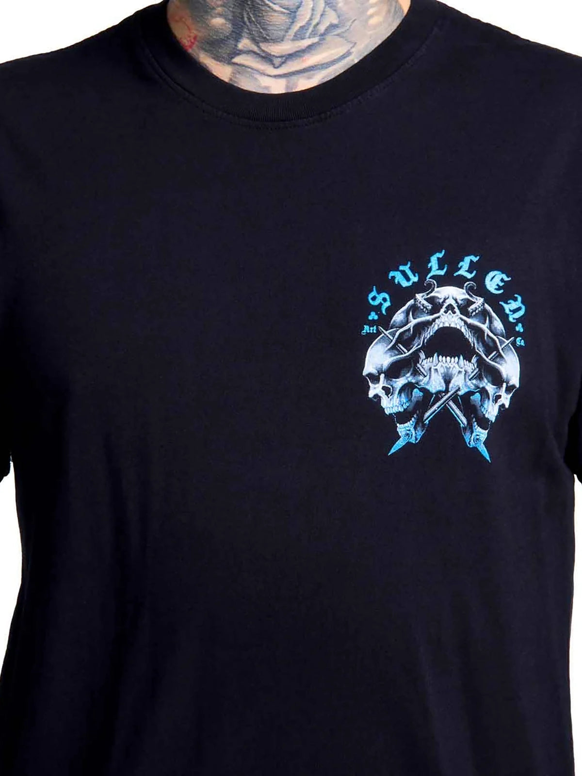 Close-up of the Sullen Triple Threat skull chest graphic on the Jet Black T-shirt