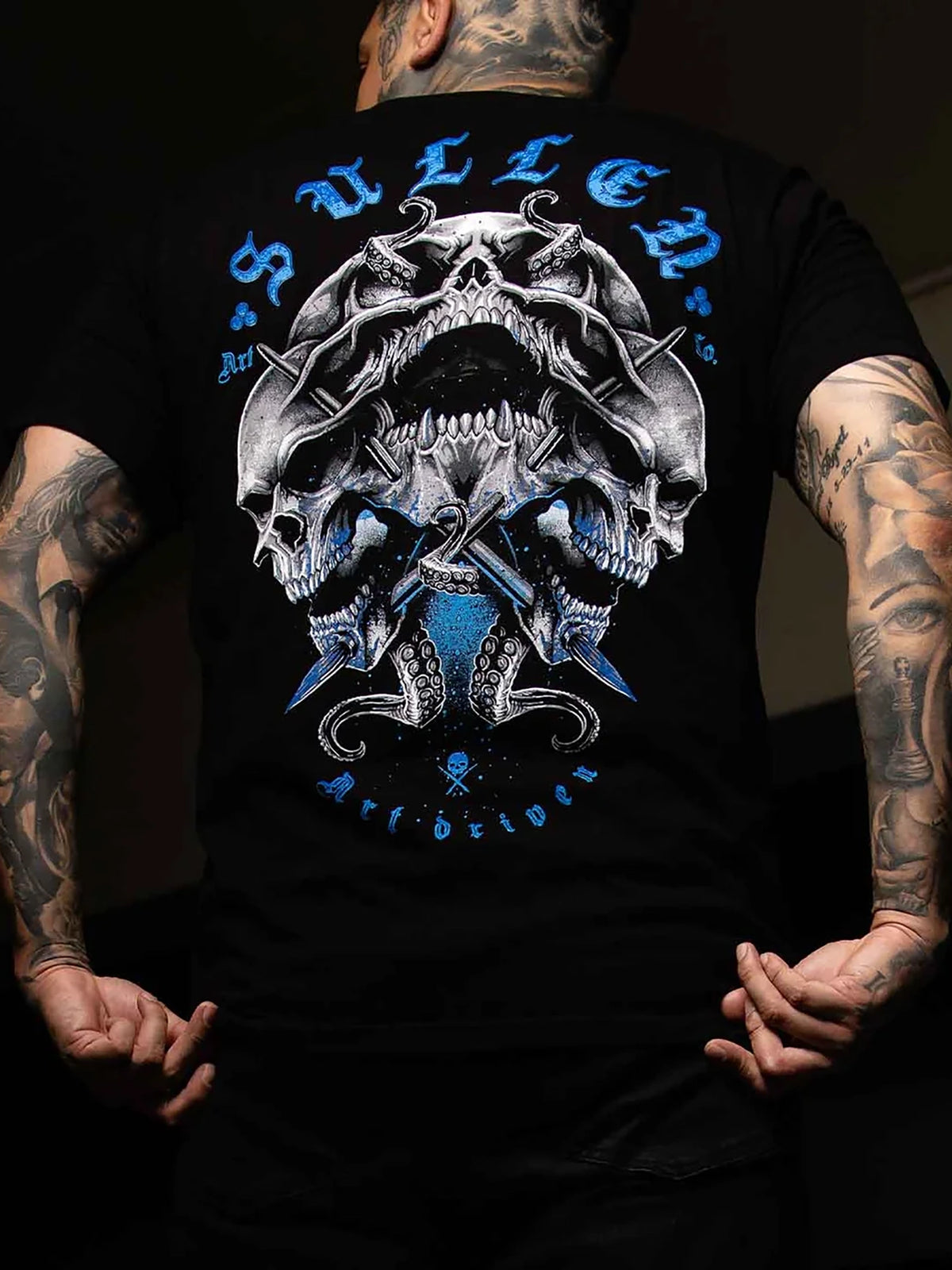 Model wearing the back of the Sullen Triple Threat Premium T-shirt in Jet Black