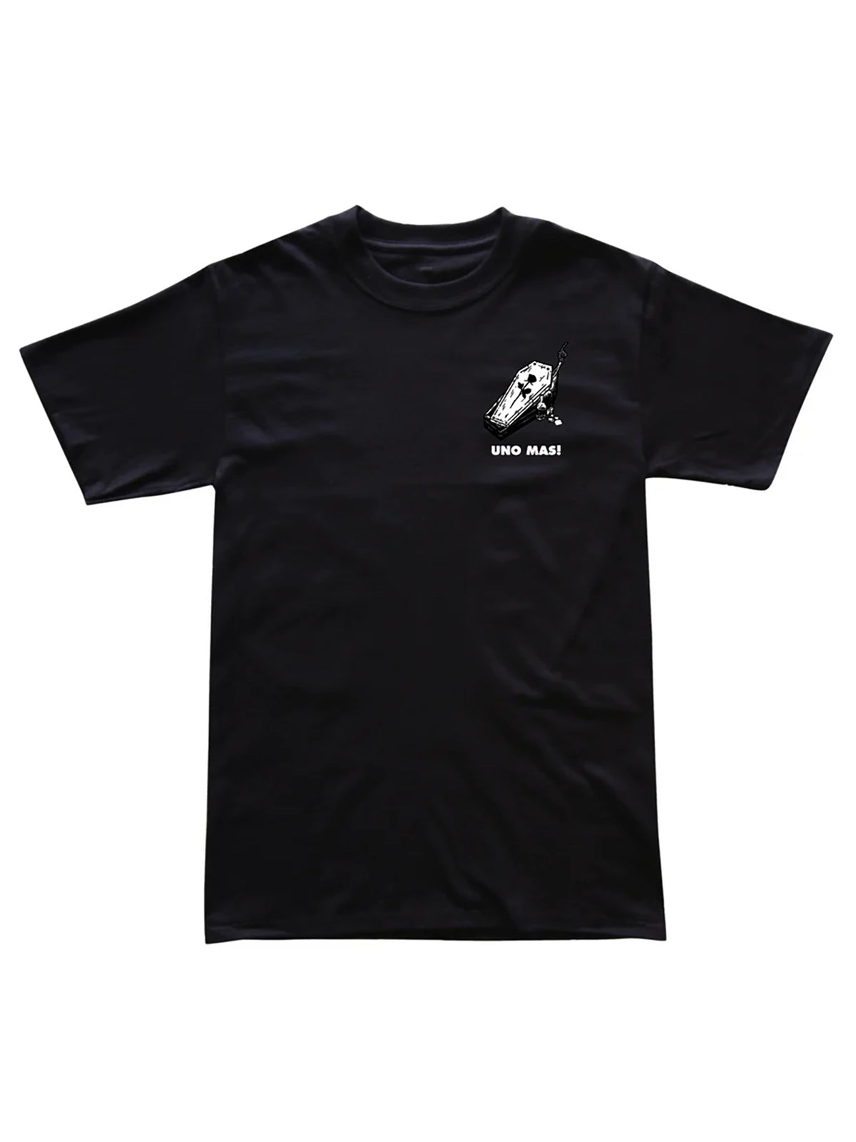 Last Call Co Uno Mas Graphic T-Shirt Black flat front view showing the small chest graphic