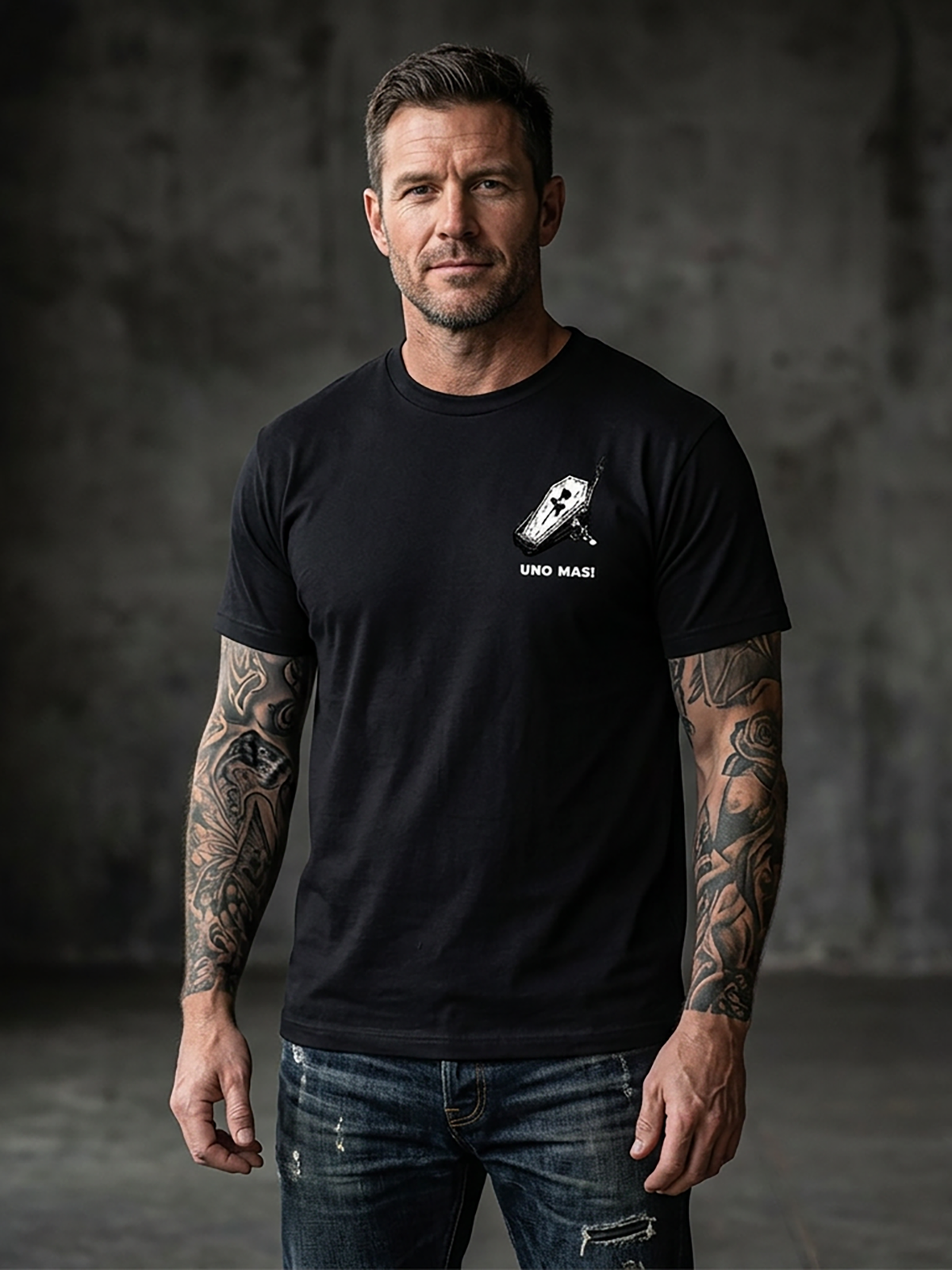 Last Call Co Uno Mas Graphic T-Shirt Black lifestyle front view showing the small chest graphic