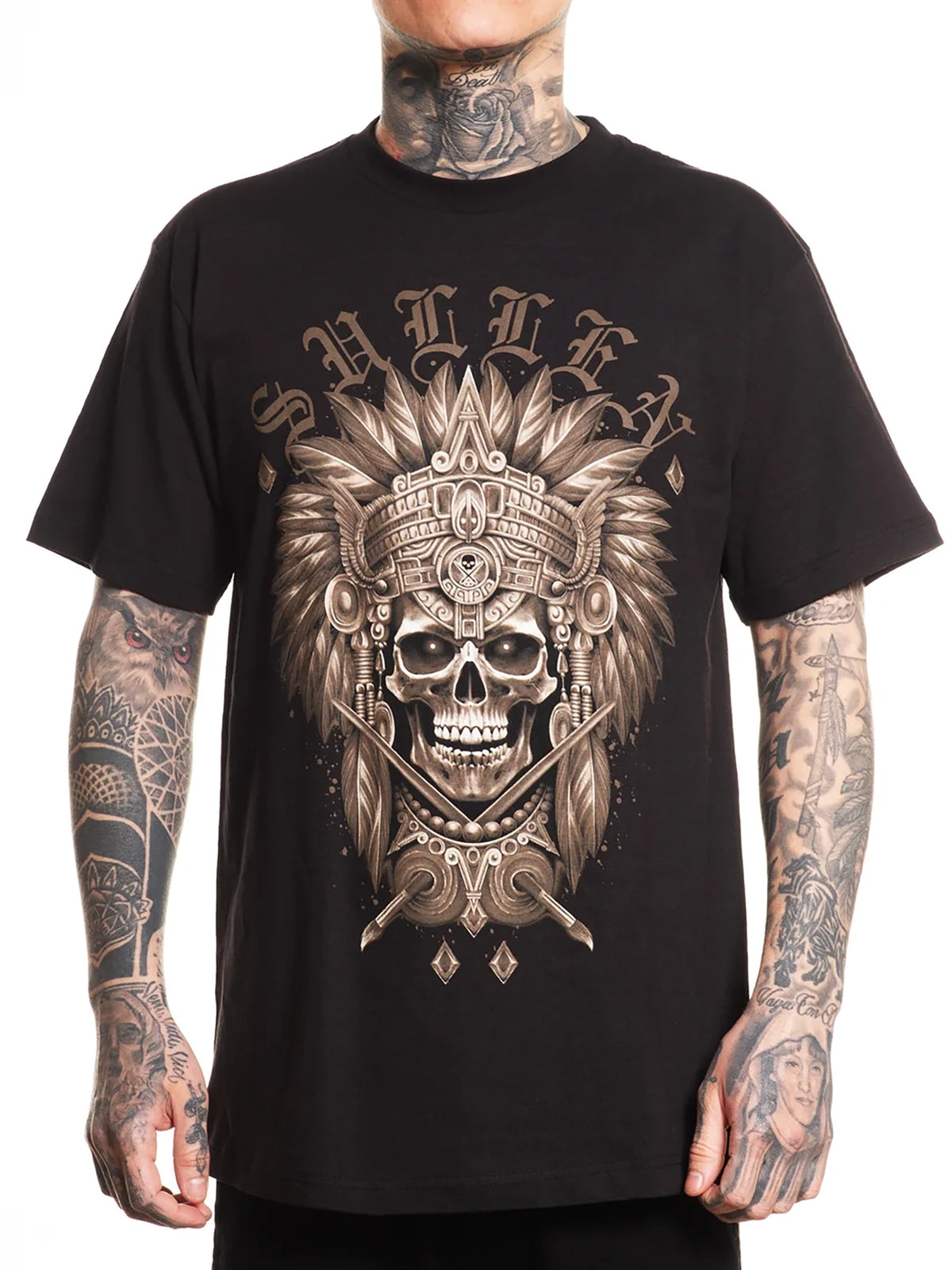 Front view of Sullen Warrior Standard T-shirt in black with bronze warrior skull artwork