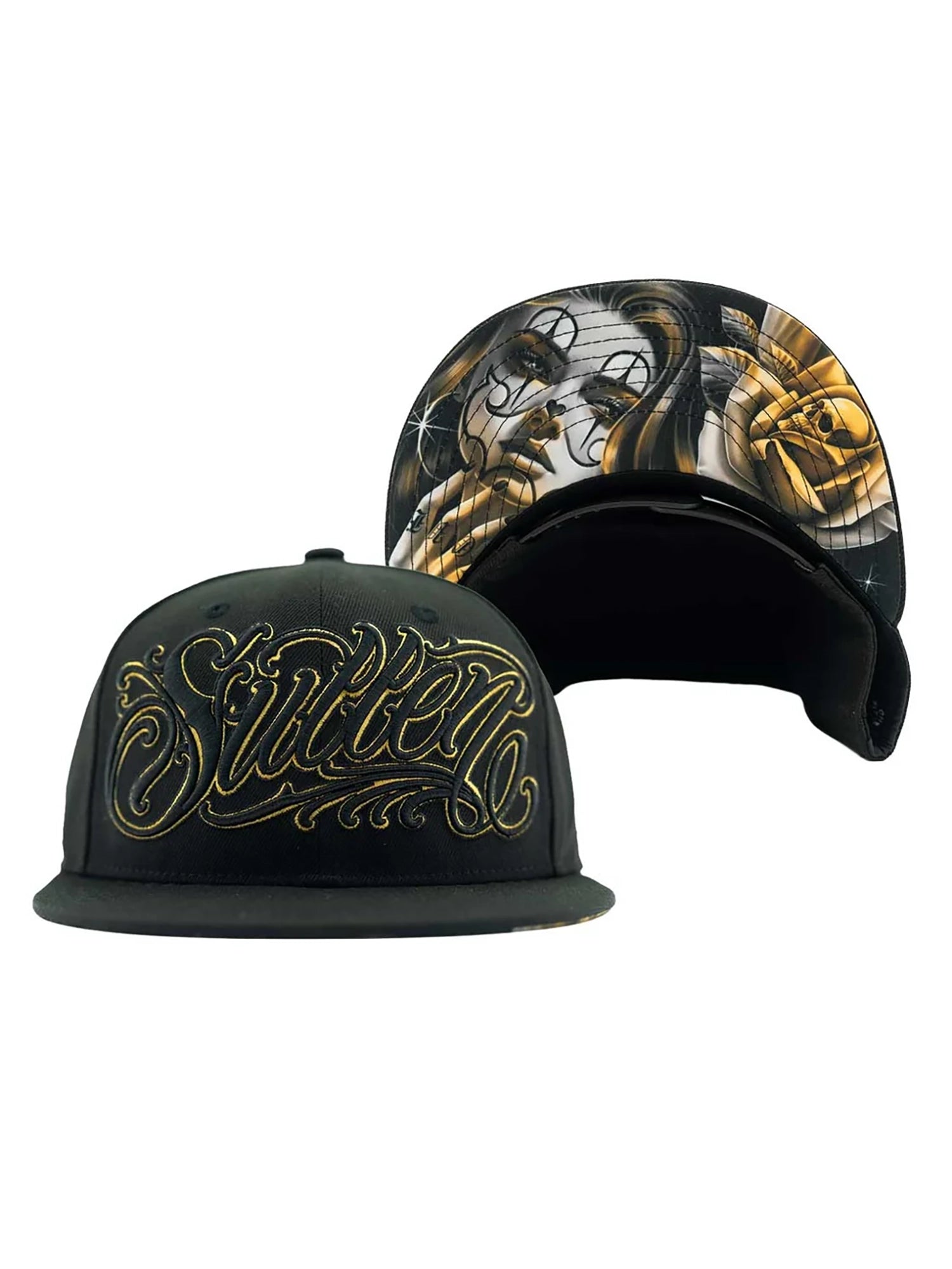 Sullen Gold Gaze black snapback with front embroidery and printed underbill