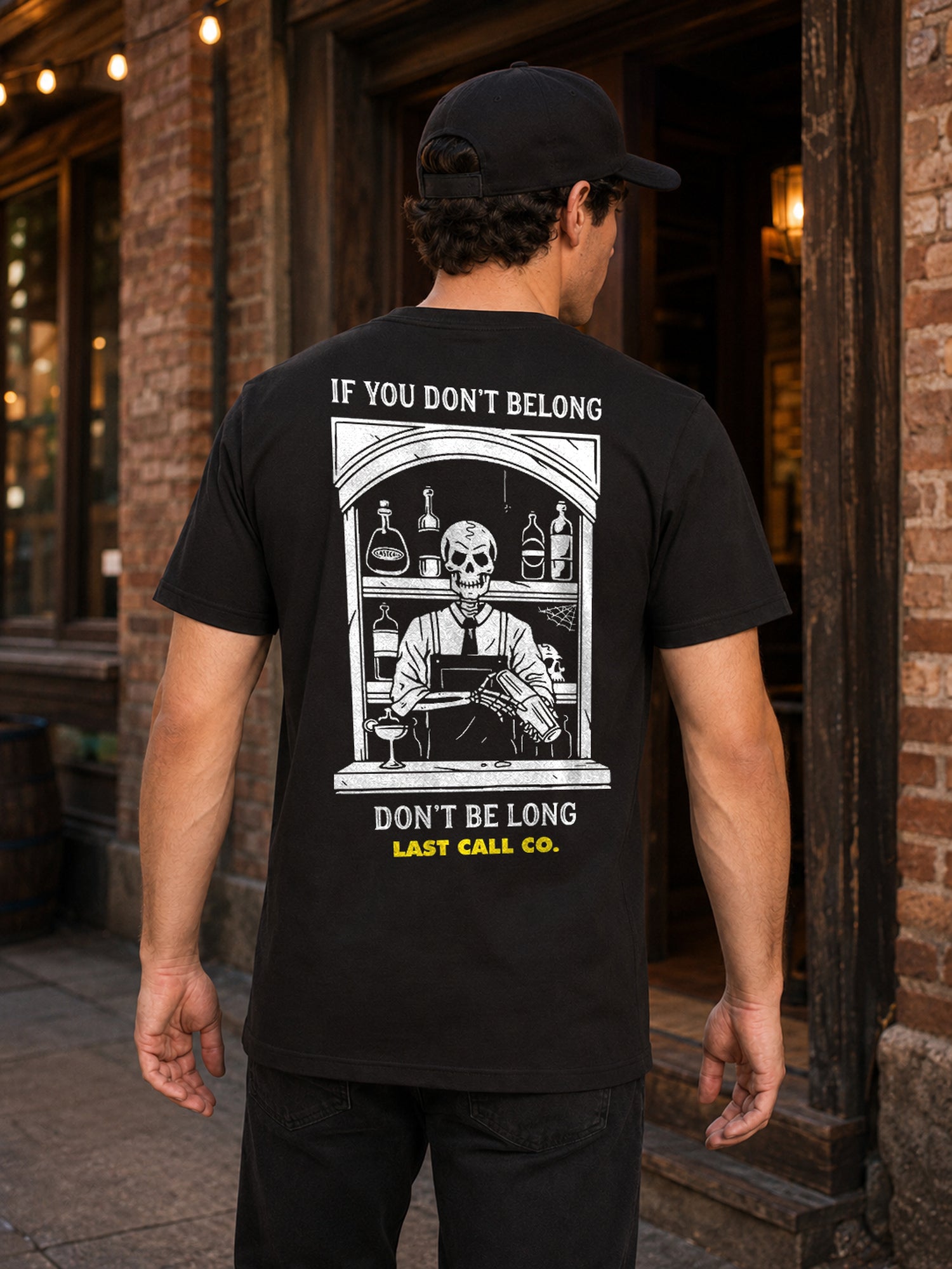 Last Call Co Don't Be Long black graphic tee lifestyle back view