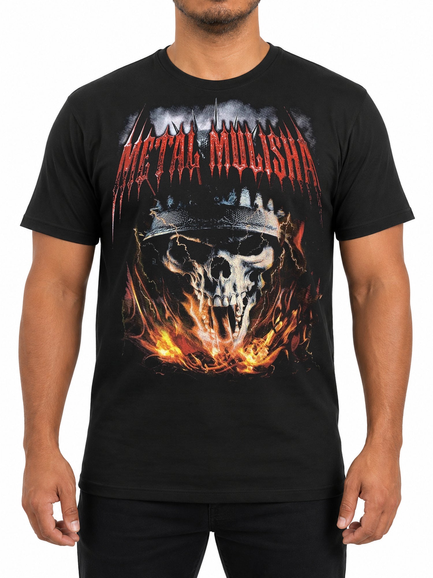 Metal Mulisha Ashes of War black tee front model view with skull and flames graphic