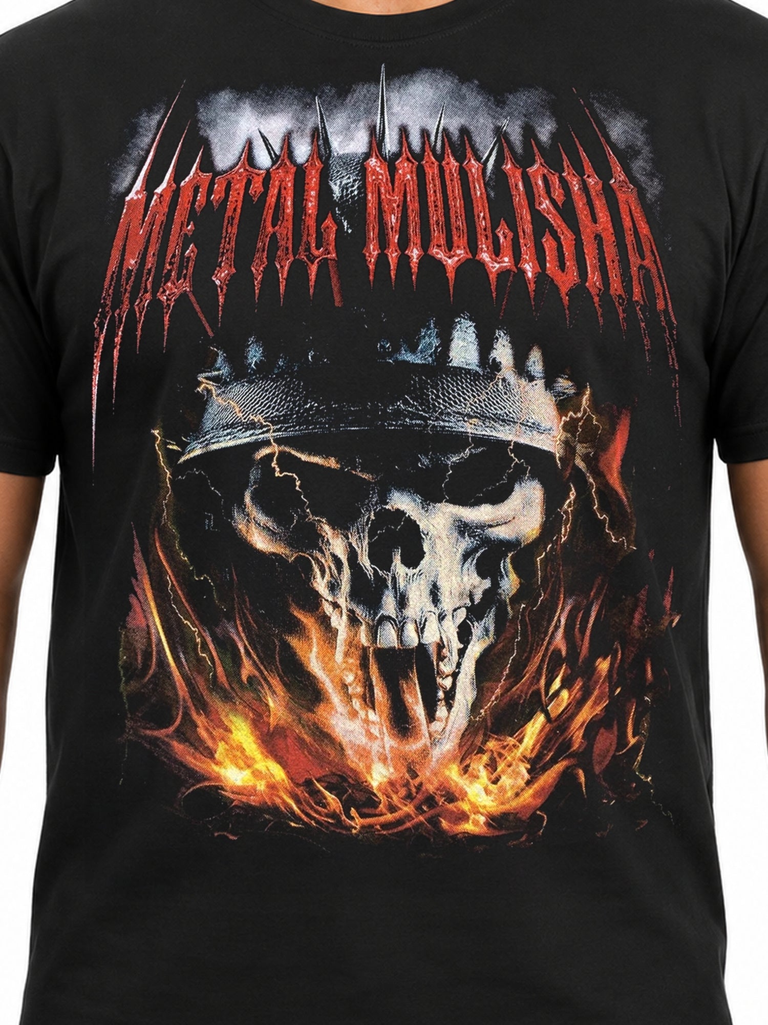 Metal Mulisha Ashes of War tee skull, flames and red logo graphic detail