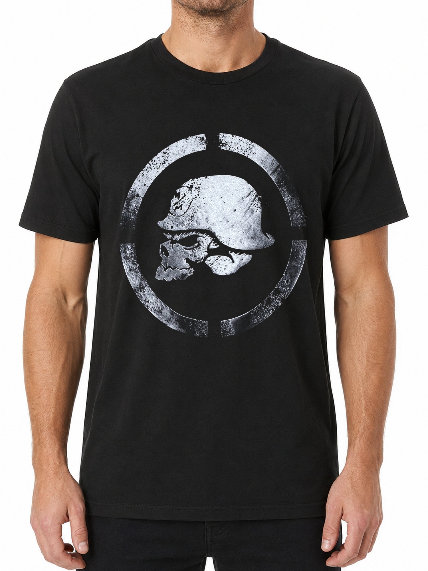 Metal Mulisha Cold Steel black tee front model view with distressed helmet skull graphic