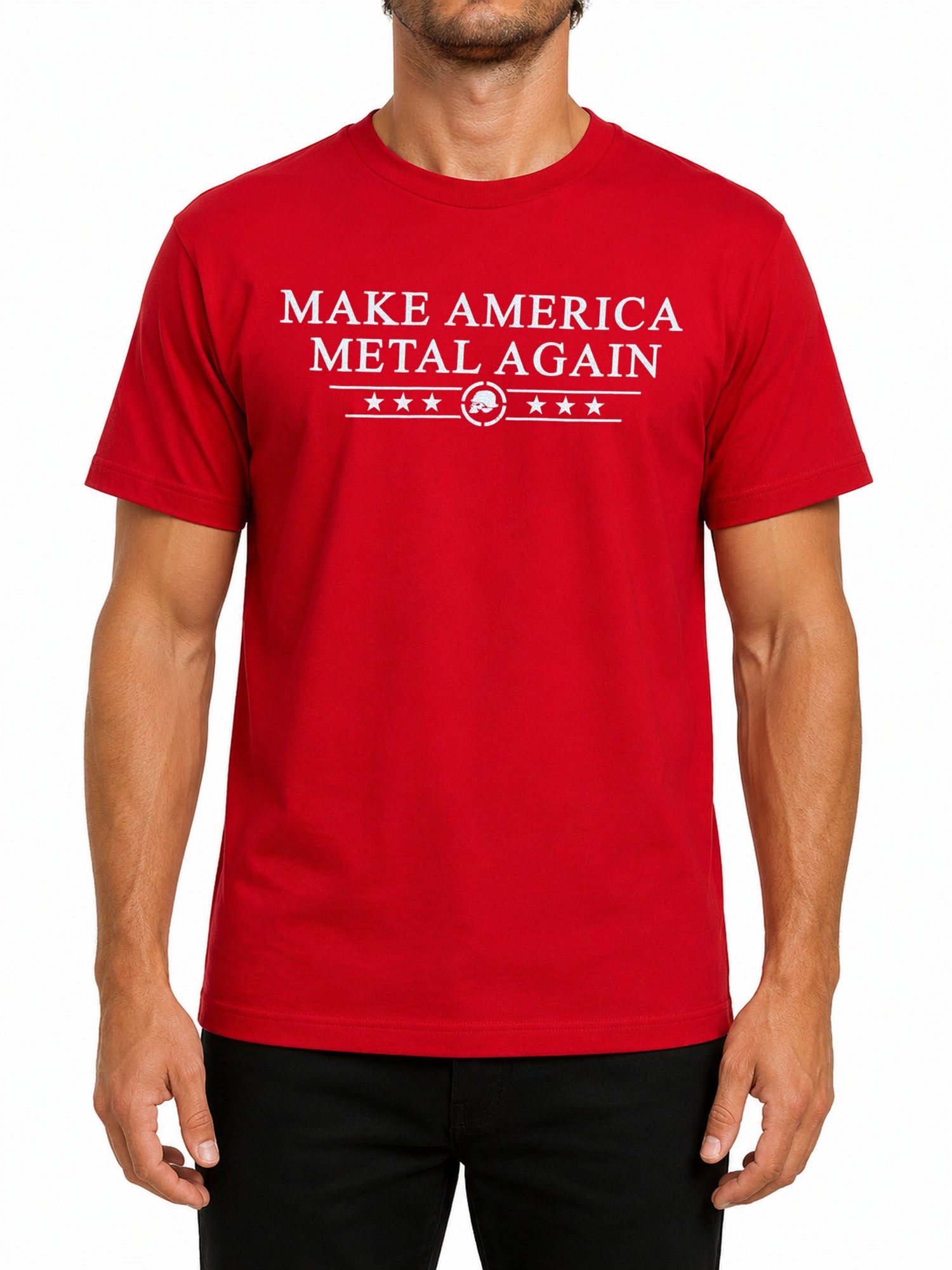 Metal Mulisha Elected Standard red T-shirt front model view with Make America Metal Again graphic