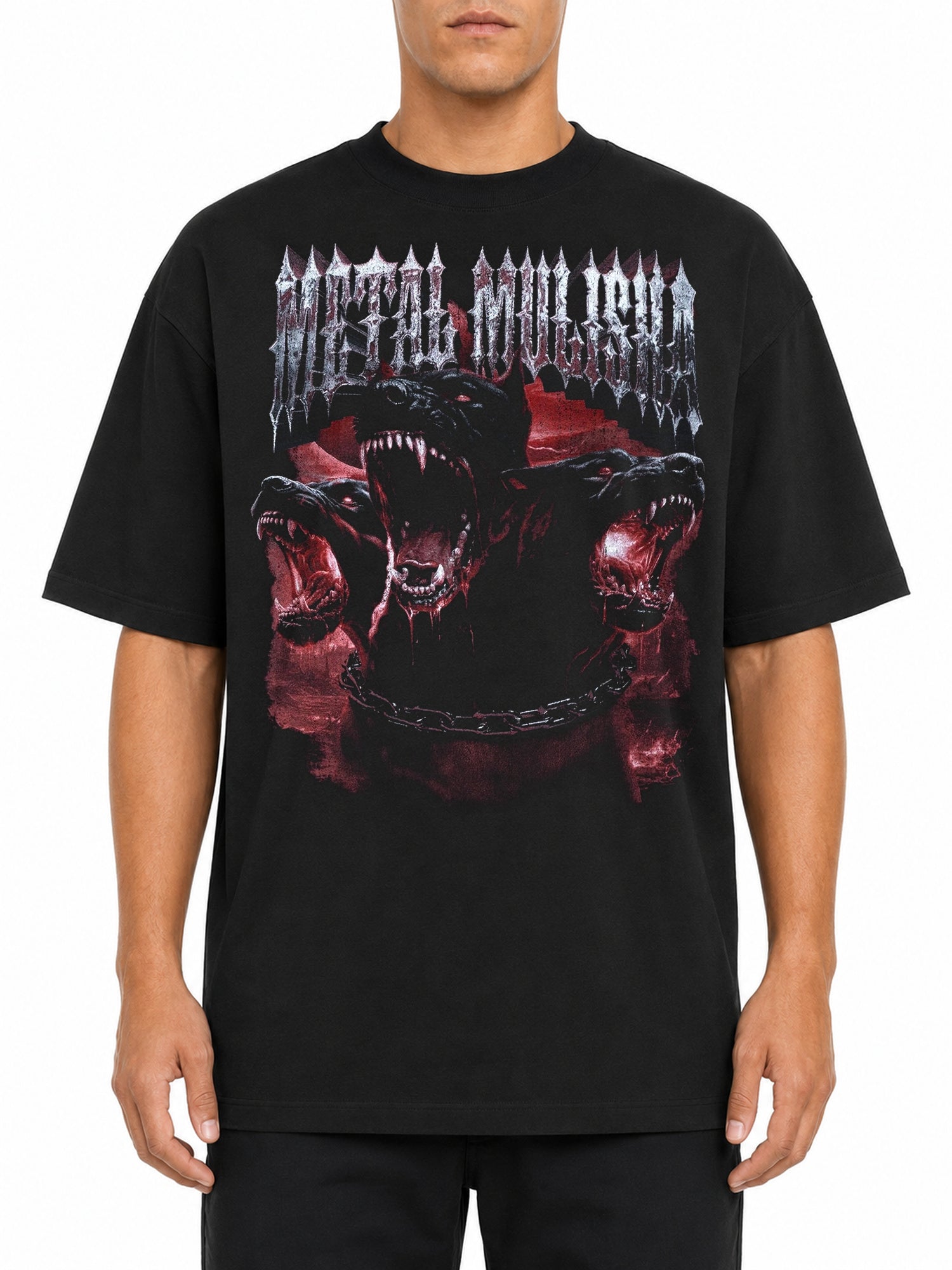 Metal Mulisha Hounds black T-shirt front model view with three hounds graphic