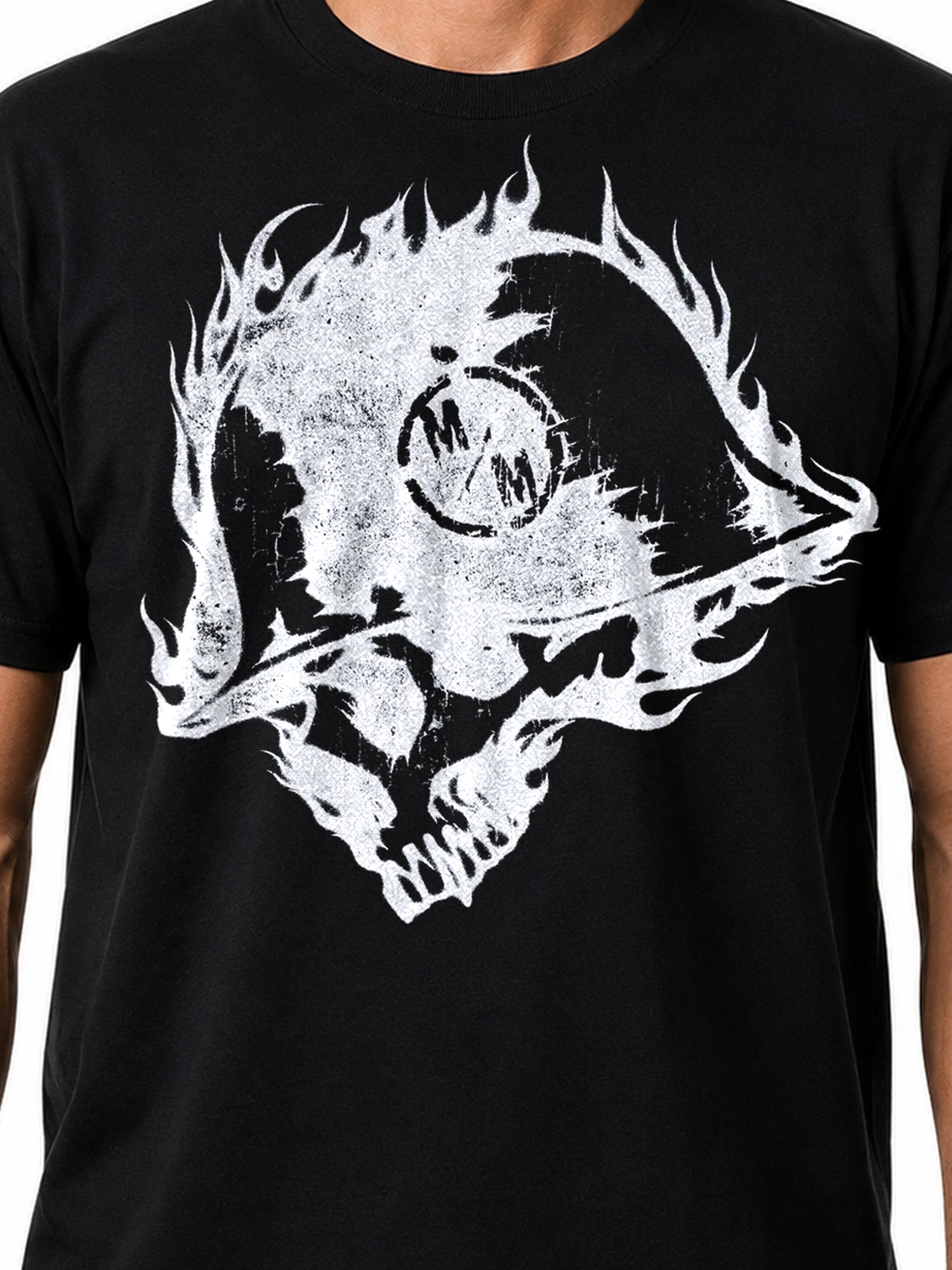 Metal Mulisha Incinerate black T-shirt flaming skull front graphic detail
