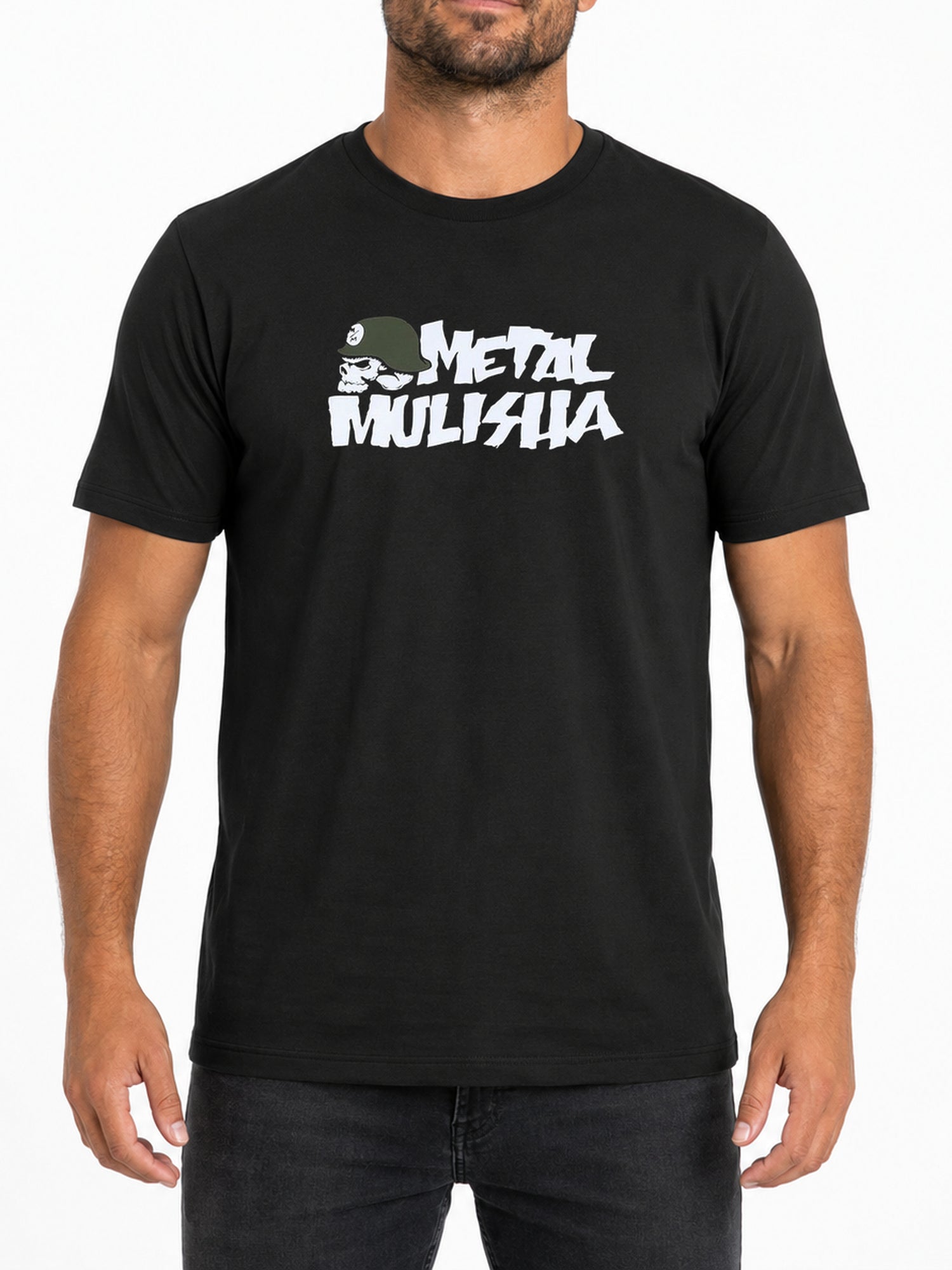 Metal Mulisha OG Icon men's black T-shirt front model with helmet logo