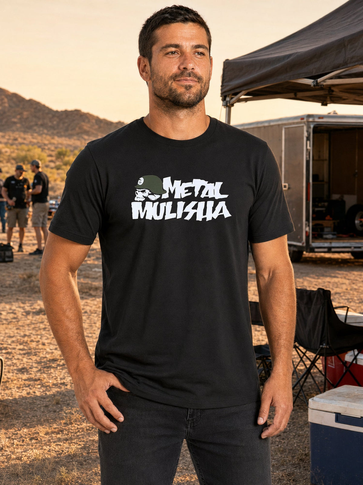 Metal Mulisha OG Icon black T-shirt worn at a desert off-road staging camp