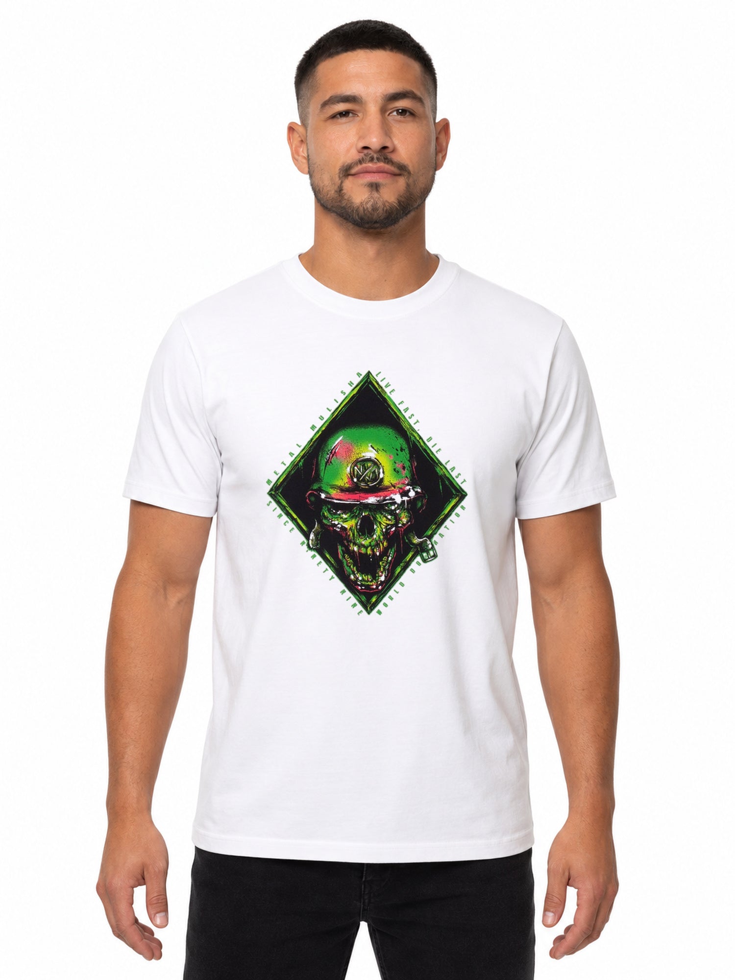 Metal Mulisha Ravage men's white T-shirt front model with green firefighter skull graphic