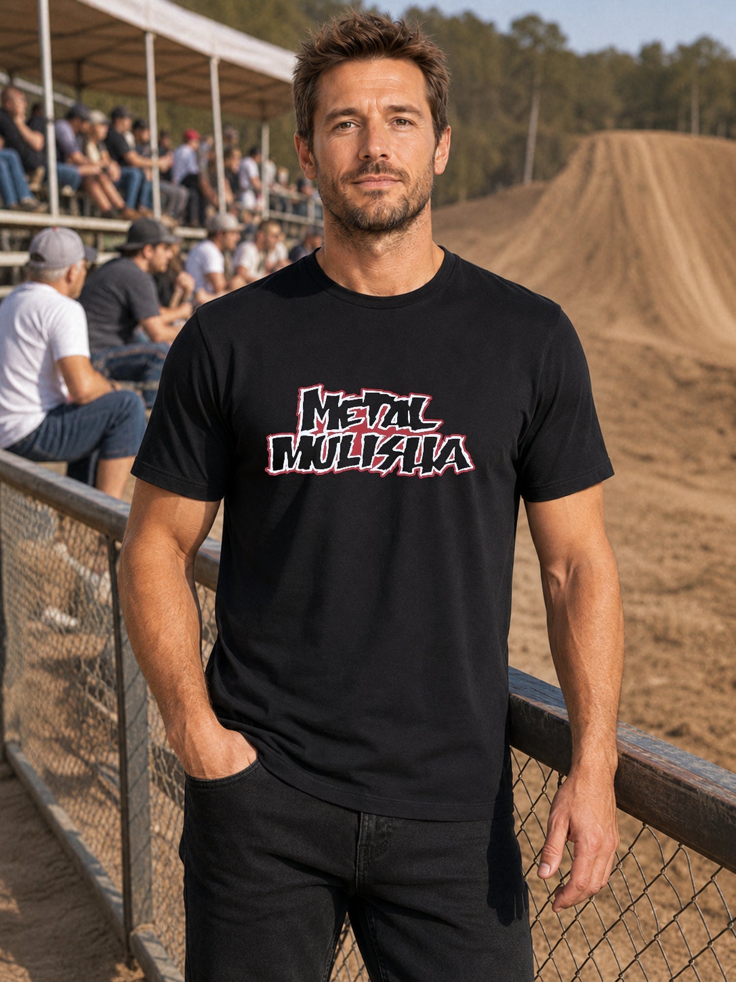 Metal Mulisha Script black T-shirt worn at a freestyle motocross event