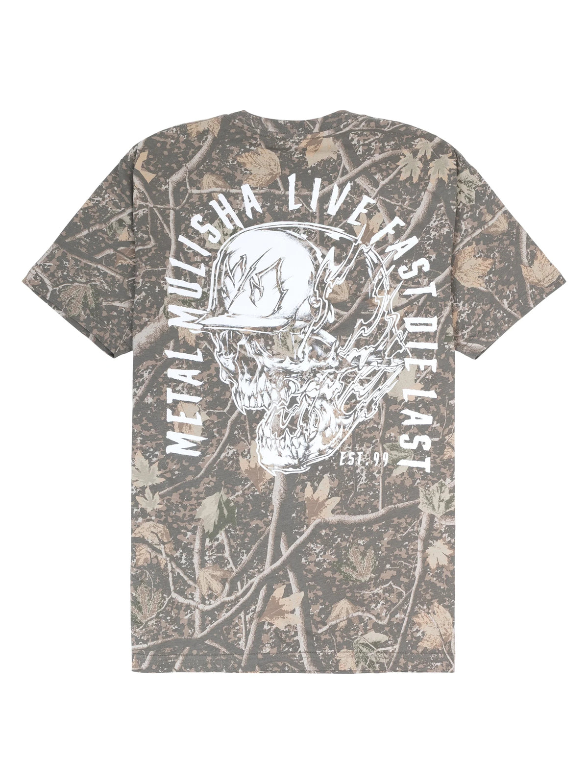 Metal Mulisha Smoking Camo T-shirt back view in Deadwood Tree Camo