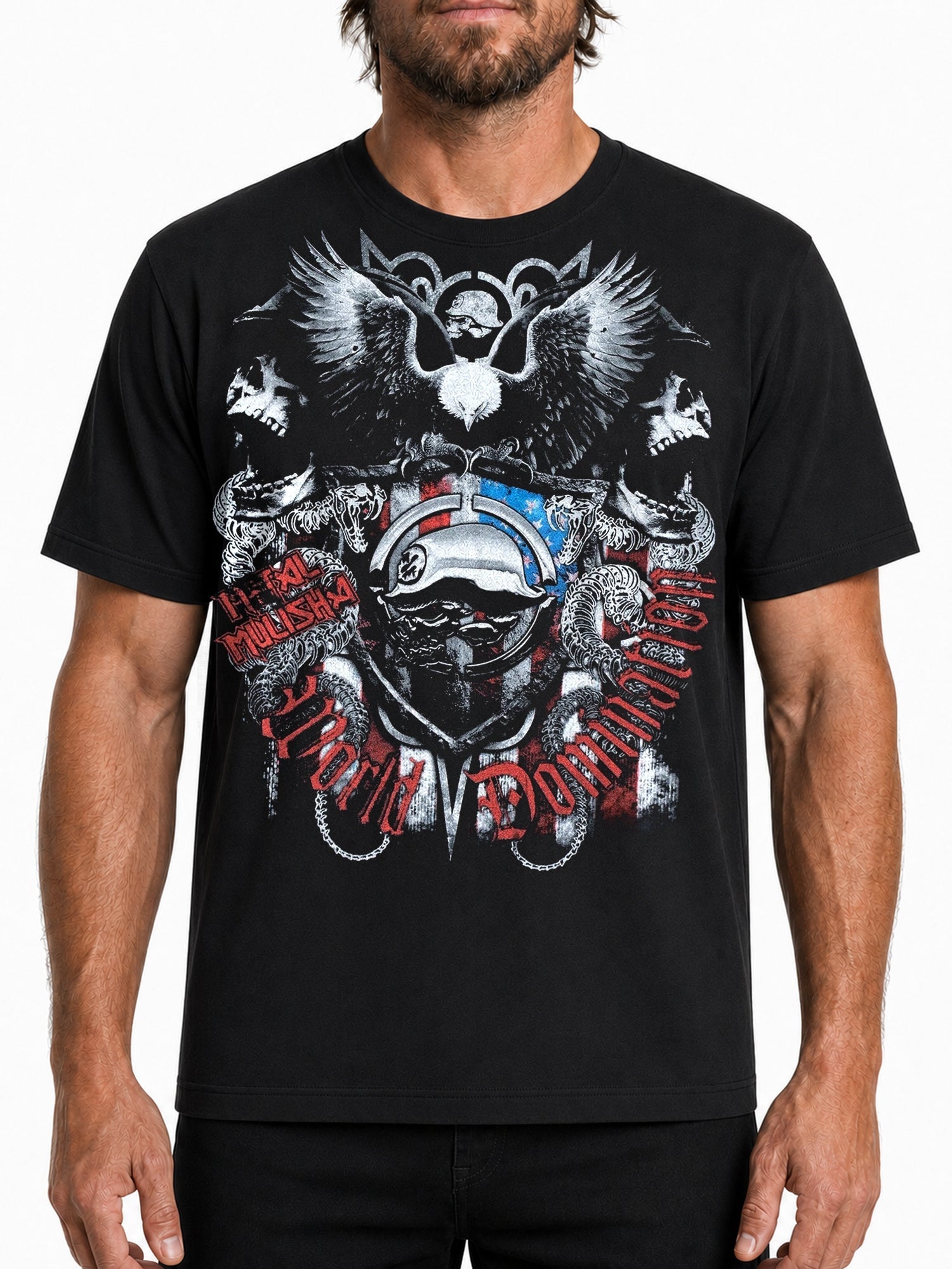 Metal Mulisha World Leader black T-shirt front model view with eagle and helmet graphic
