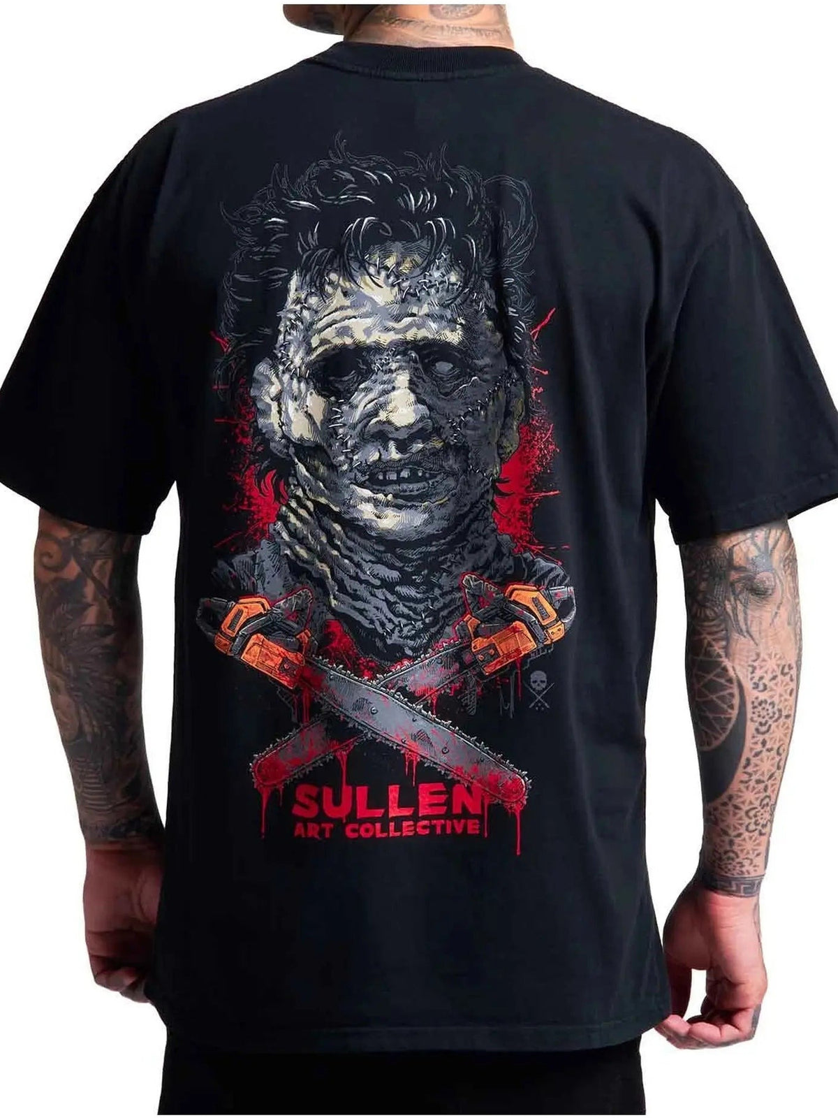 Back view of the Sullen Chainsaw Badge 1 Ton T-shirt in Jet Black with chainsaw horror artwork