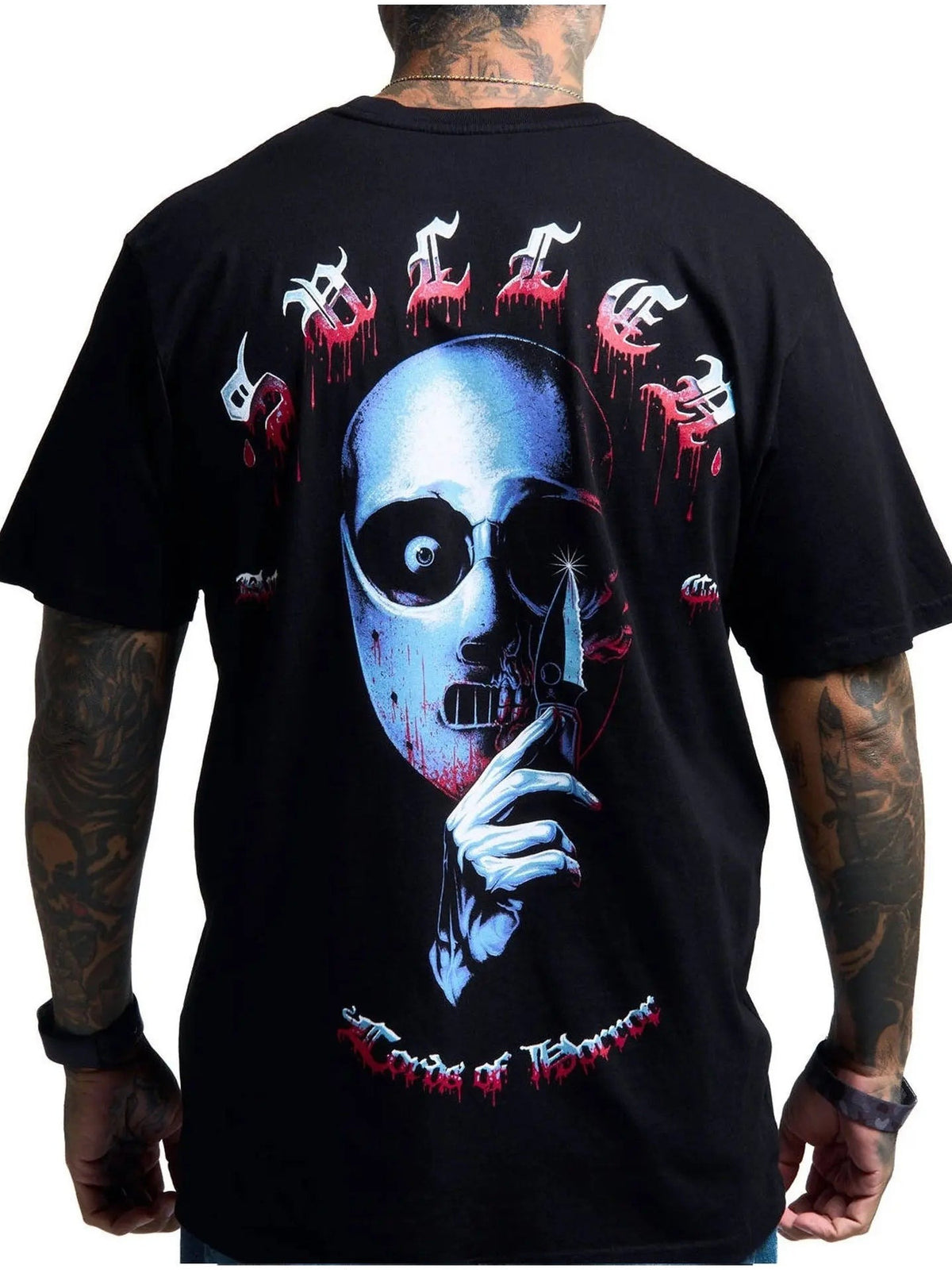 Back view of the Sullen Horror Icon Lector Premium T-shirt in Jet Black with masked horror artwork
