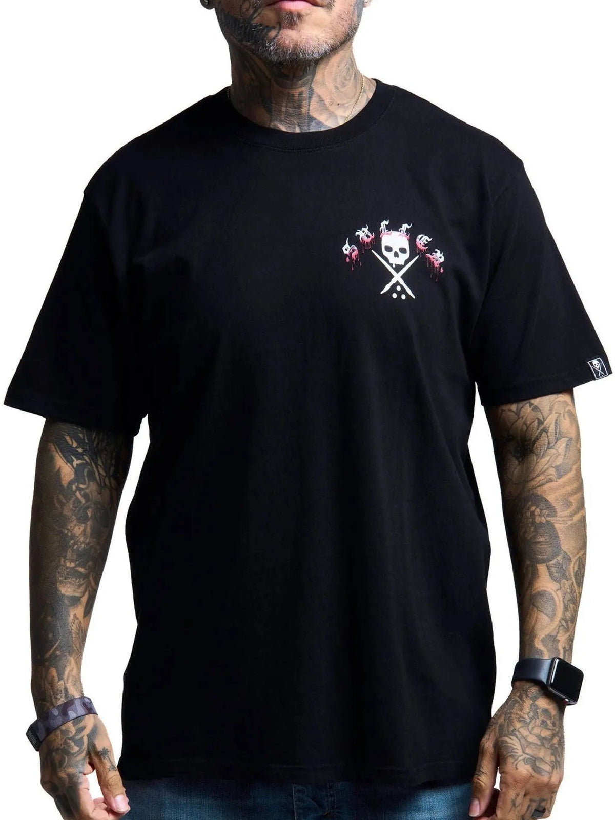 Front view of the Sullen Horror Icon Lector Premium T-shirt with small skull-and-blades chest graphic