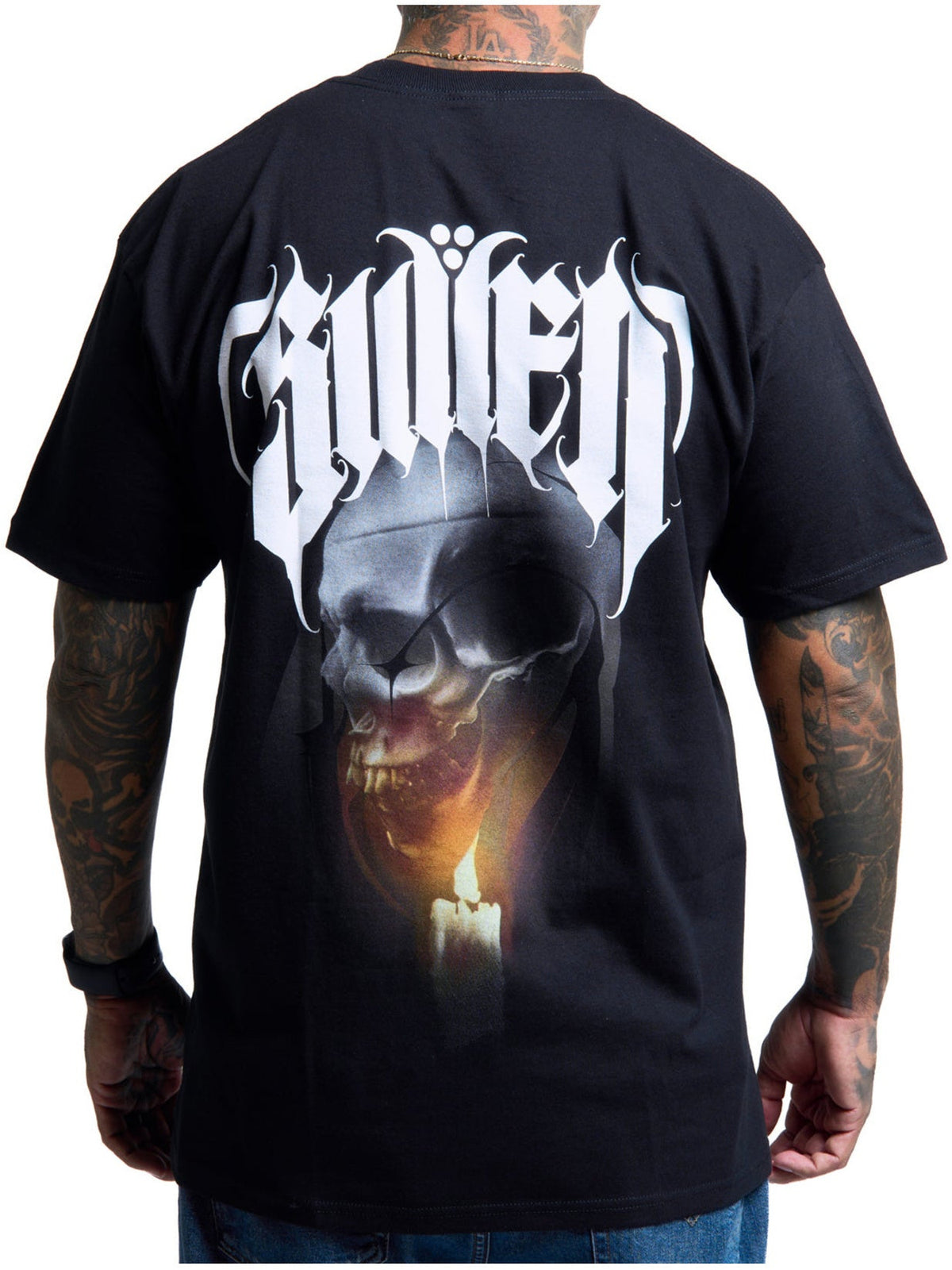 Straight-on back view of the Sullen Last Light black graphic T-shirt showing the full candlelit skull design