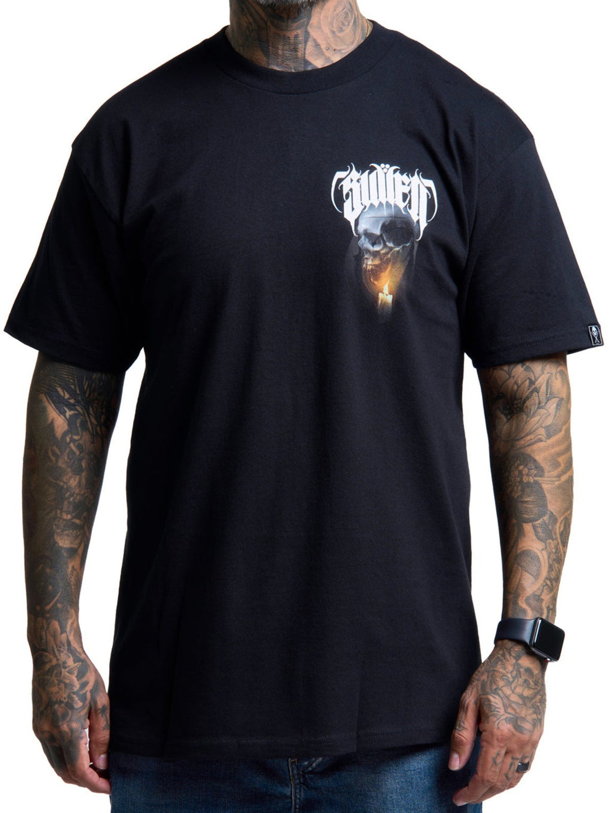 Straight-on front view of the Sullen Last Light black T-shirt with its small chest print