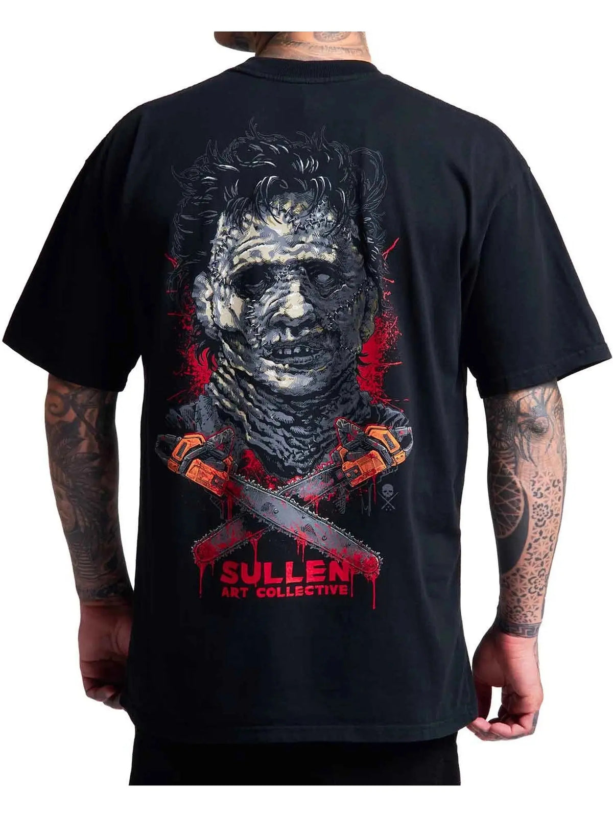 Back view of the Sullen Chainsaw Badge 1 Ton T-shirt in Jet Black with chainsaw horror artwork