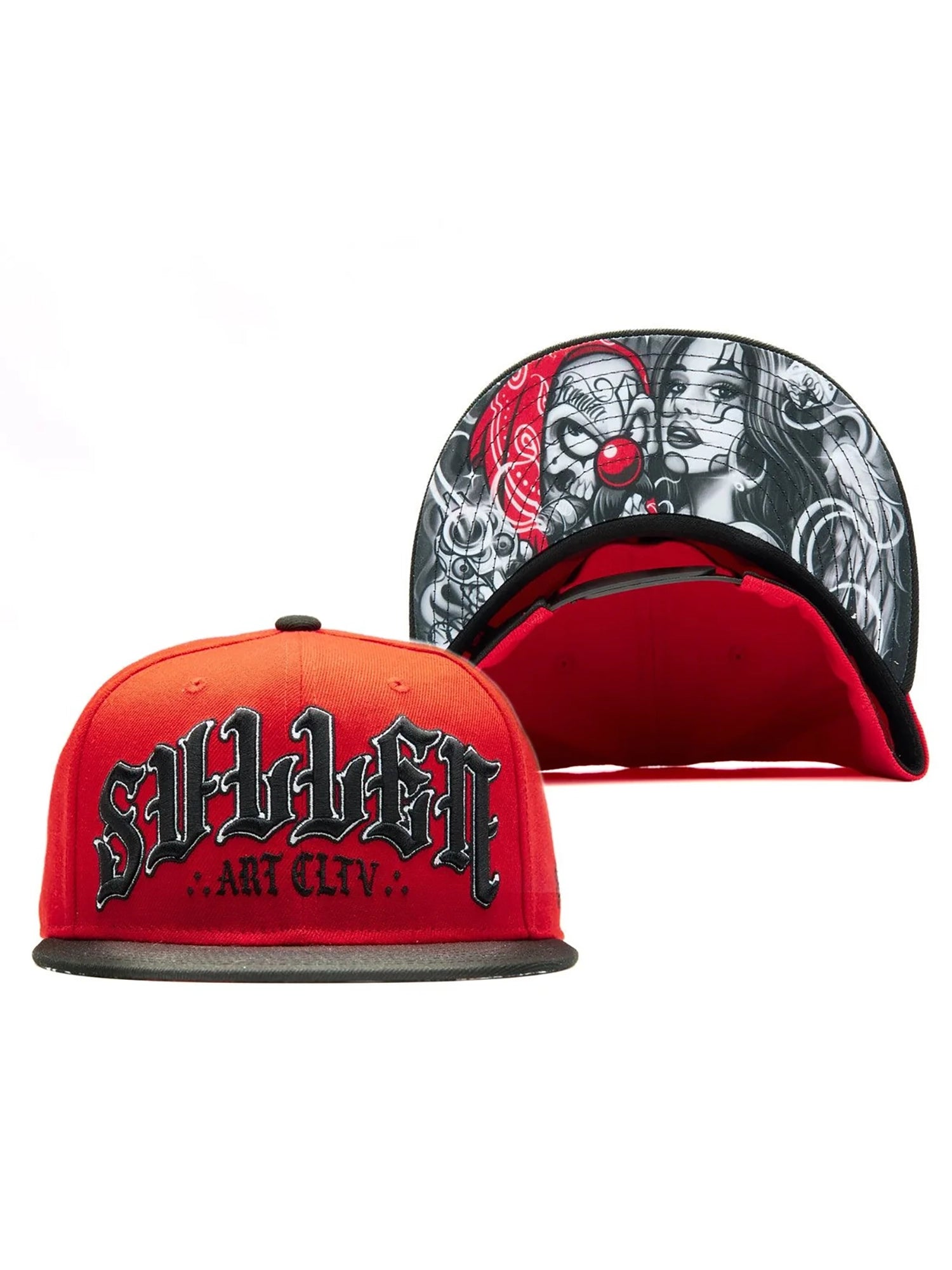 Sullen Fiddy X Mago red and black snapback with front logo and printed underbill