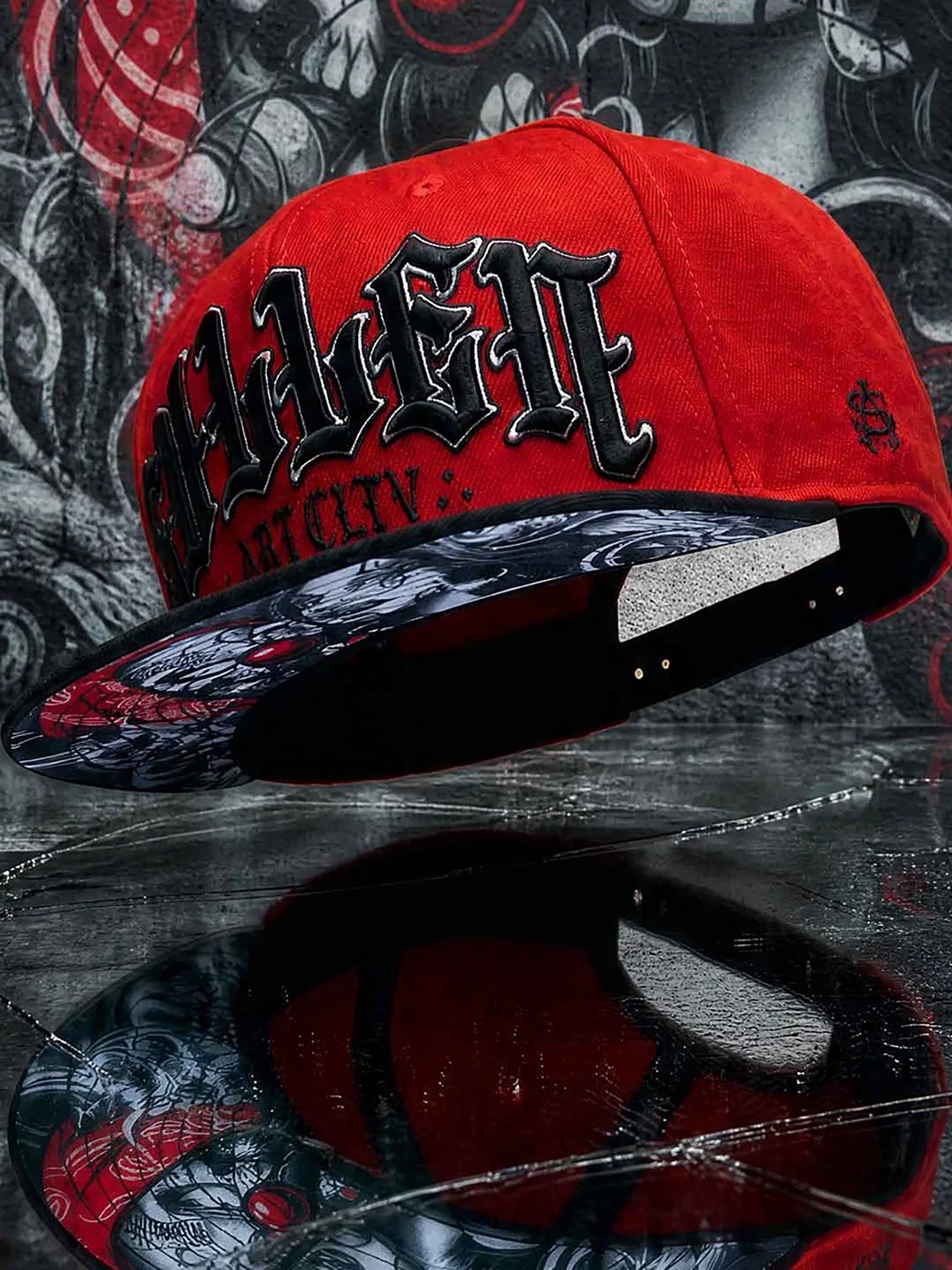 Sullen Fiddy X Mago red and black snapback lifestyle view