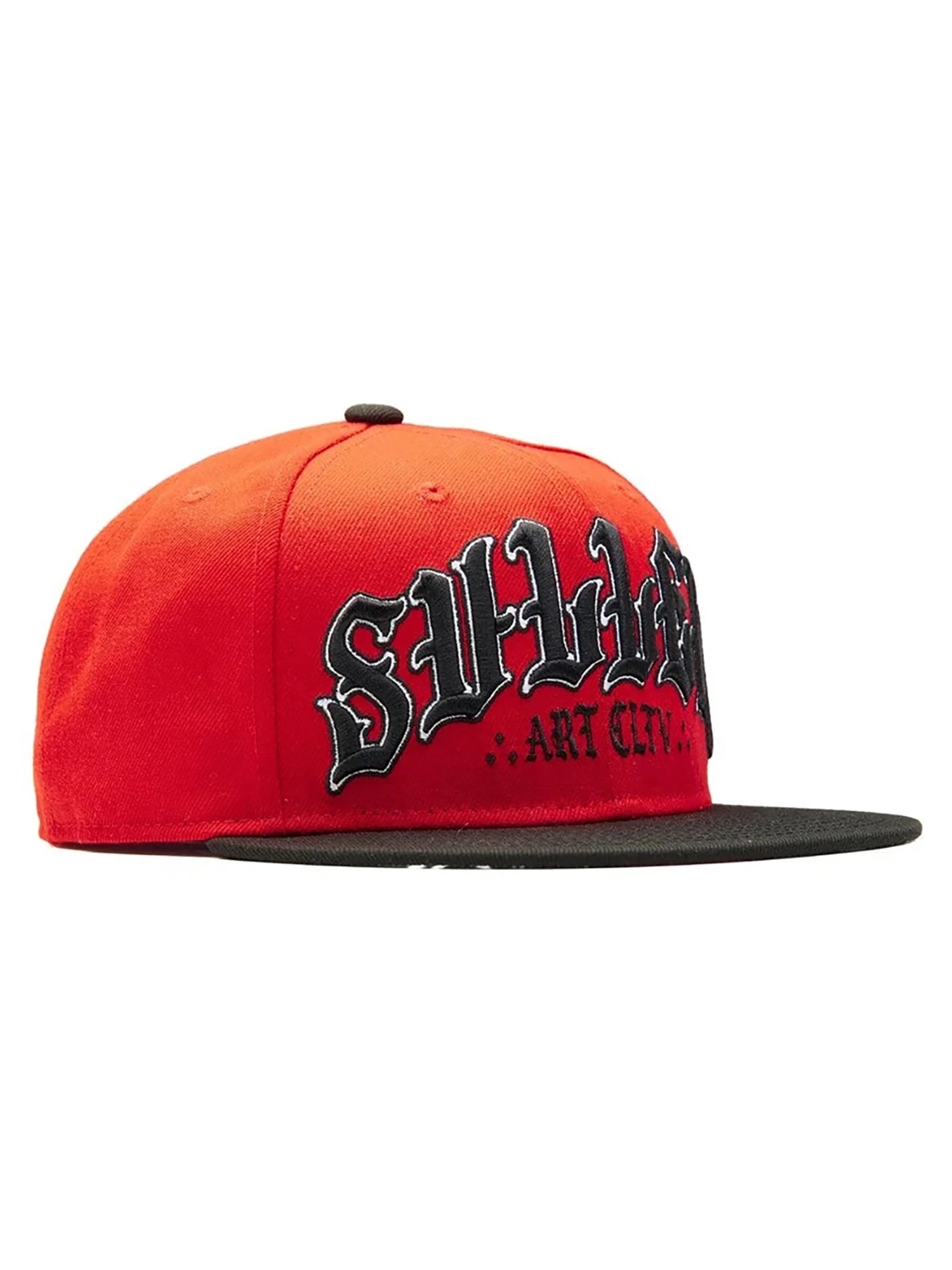 Right view of the Sullen Fiddy X Mago red and black snapback