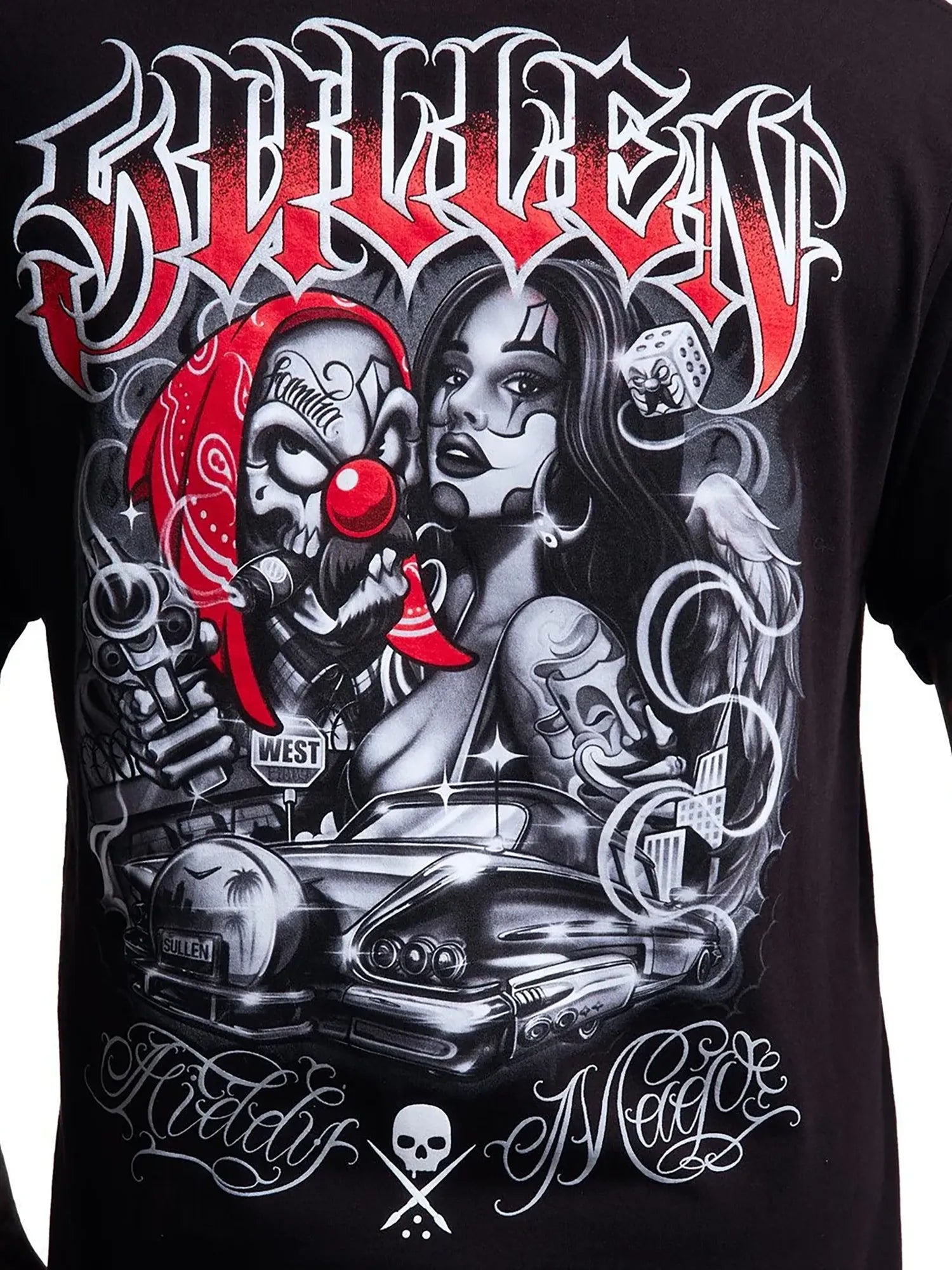 Close-up of Sullen Fiddy X Mago black T-shirt back print with clown and lowrider artwork
