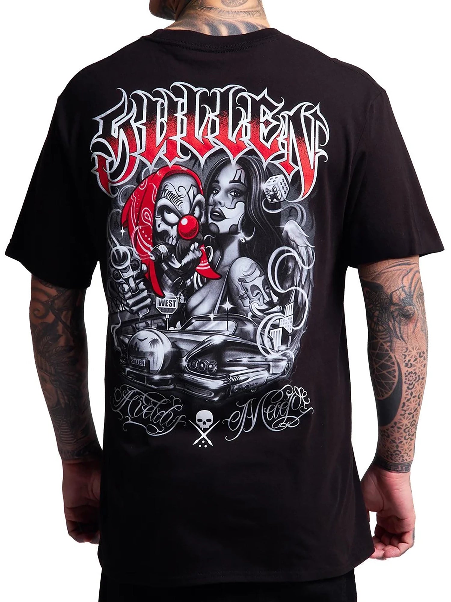 Sullen Fiddy X Mago black graphic T-shirt back view with large clown and lowrider artwork