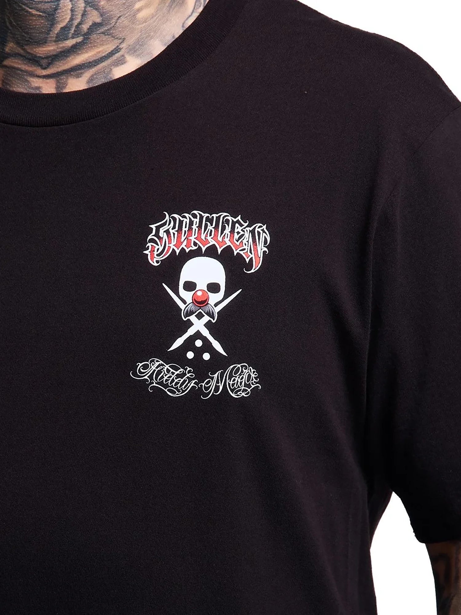 Close-up of Sullen Fiddy X Mago black T-shirt front chest graphic