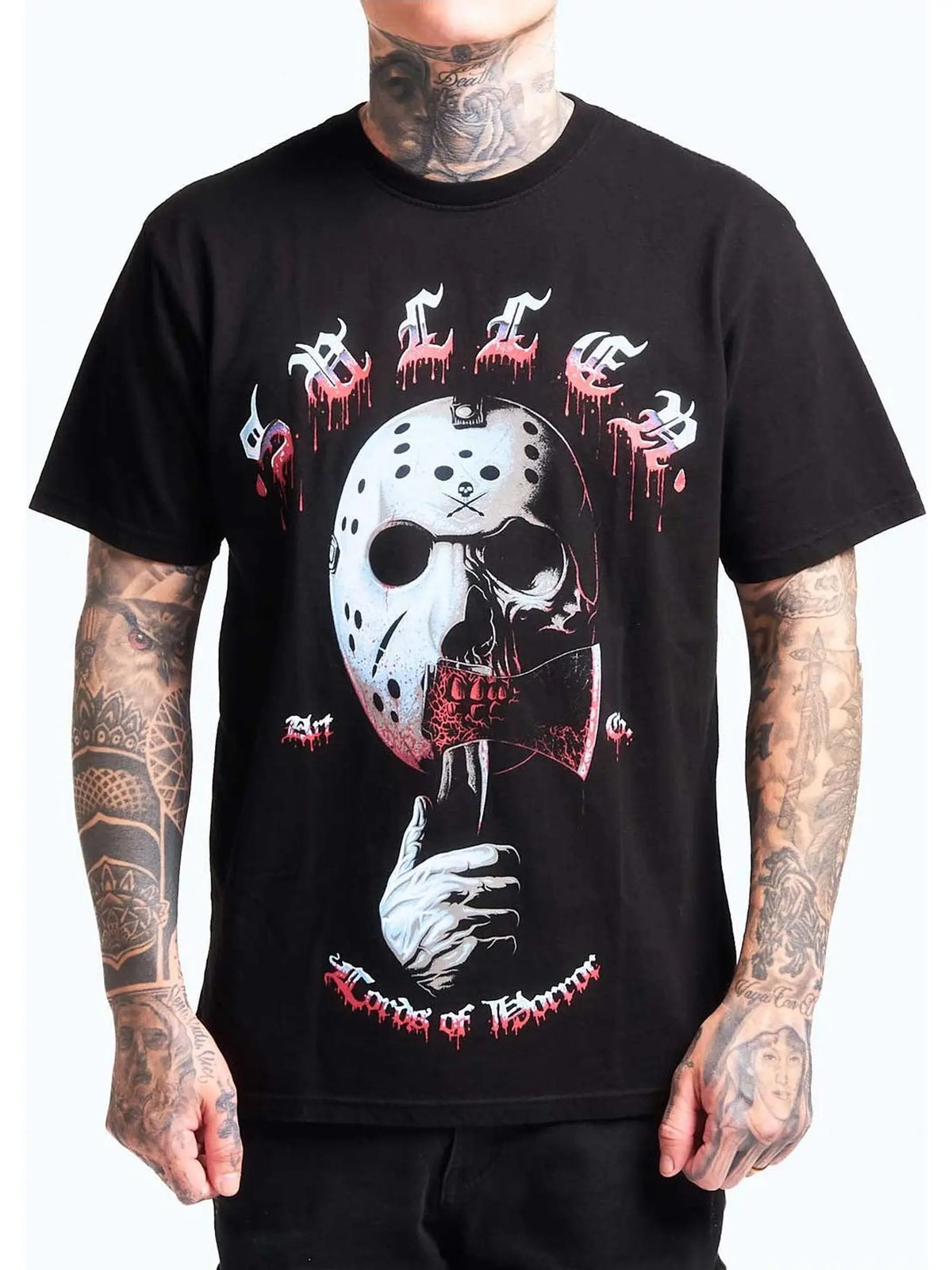 Front view of the Sullen Horror Icon J Premium T-shirt in Jet Black with Jason mask artwork