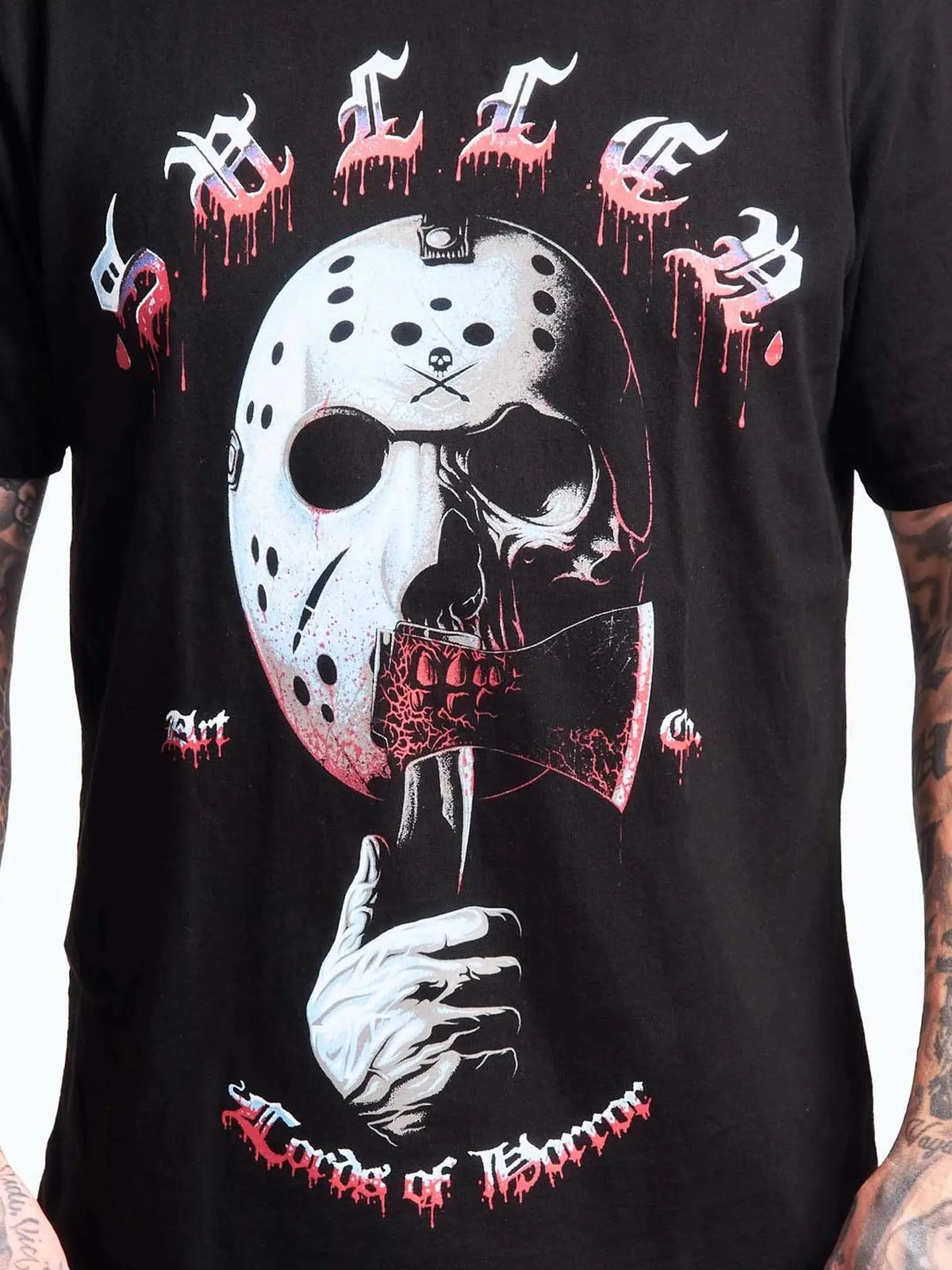 Close-up of the Horror Icon J Jason mask and bloody slasher artwork