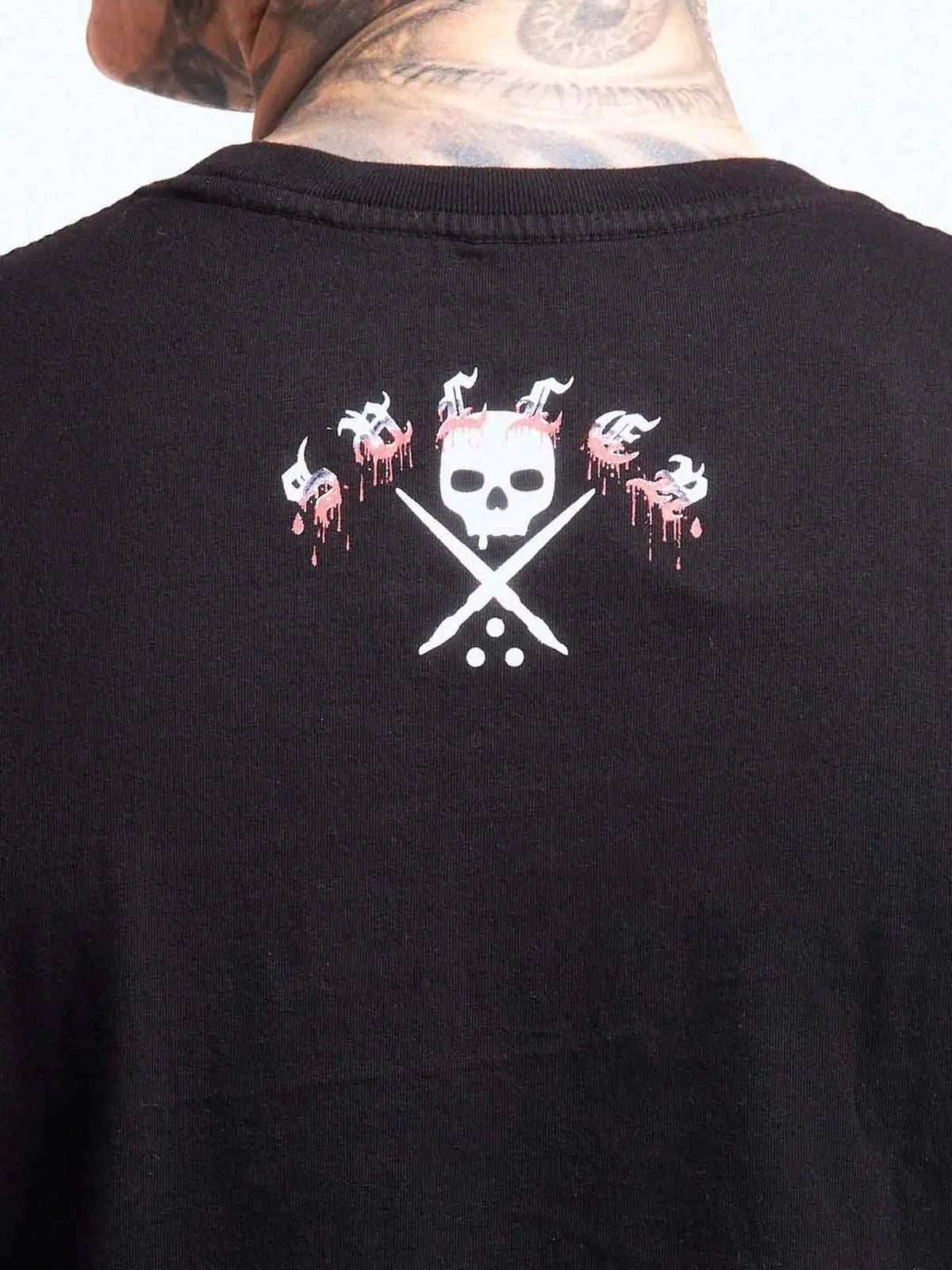 Close-up of the small Horror Icon J back graphic on the Jet Black T-shirt
