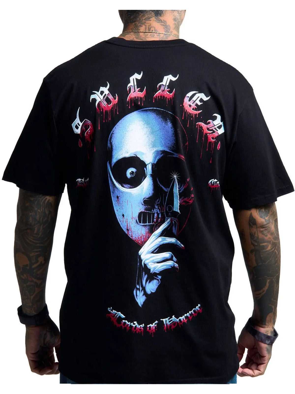 Back view of the Sullen Horror Icon Lector Premium T-shirt in Jet Black with masked horror artwork