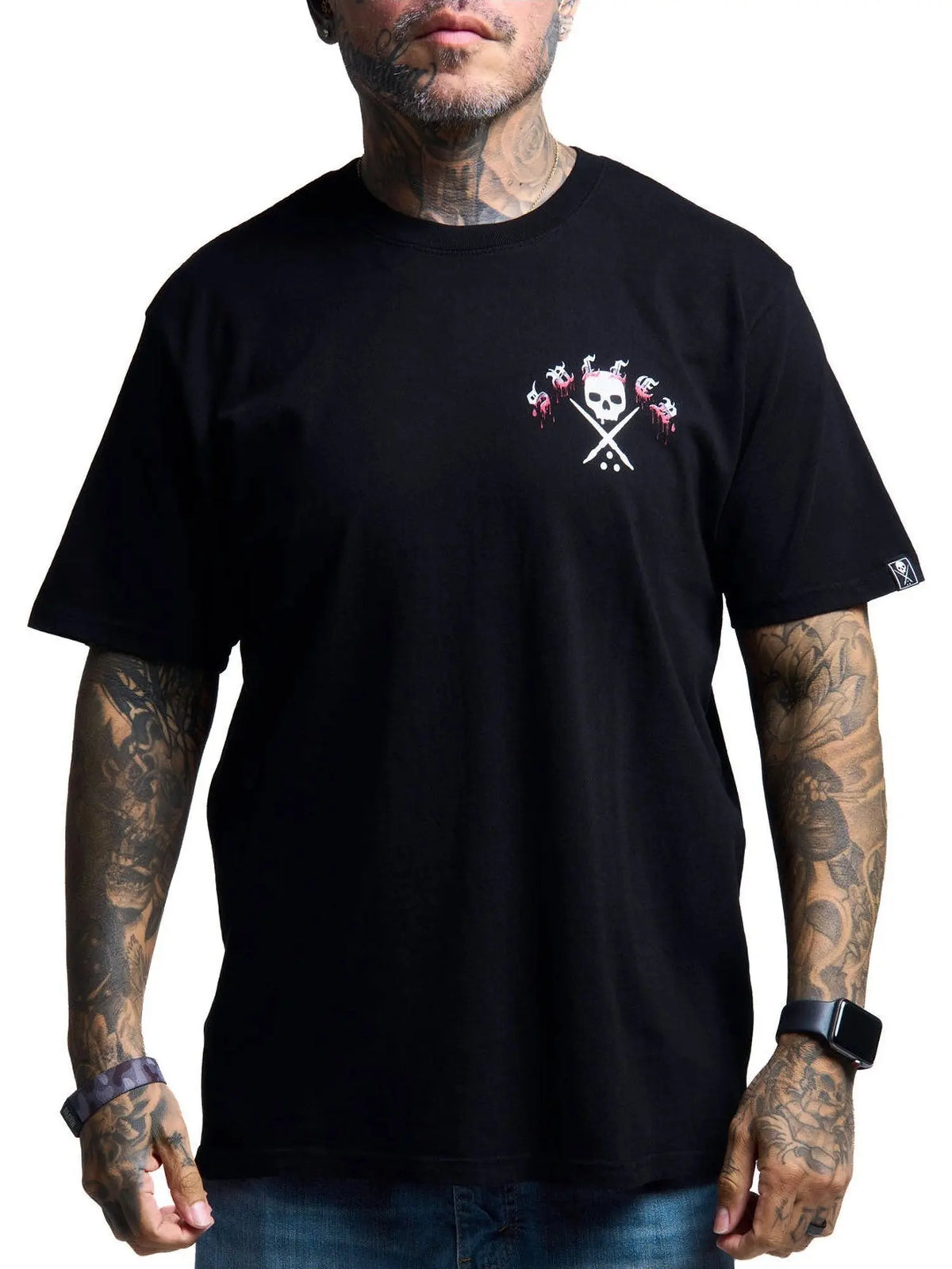 Front view of the Sullen Horror Icon Lector Premium T-shirt with small skull-and-blades chest graphic