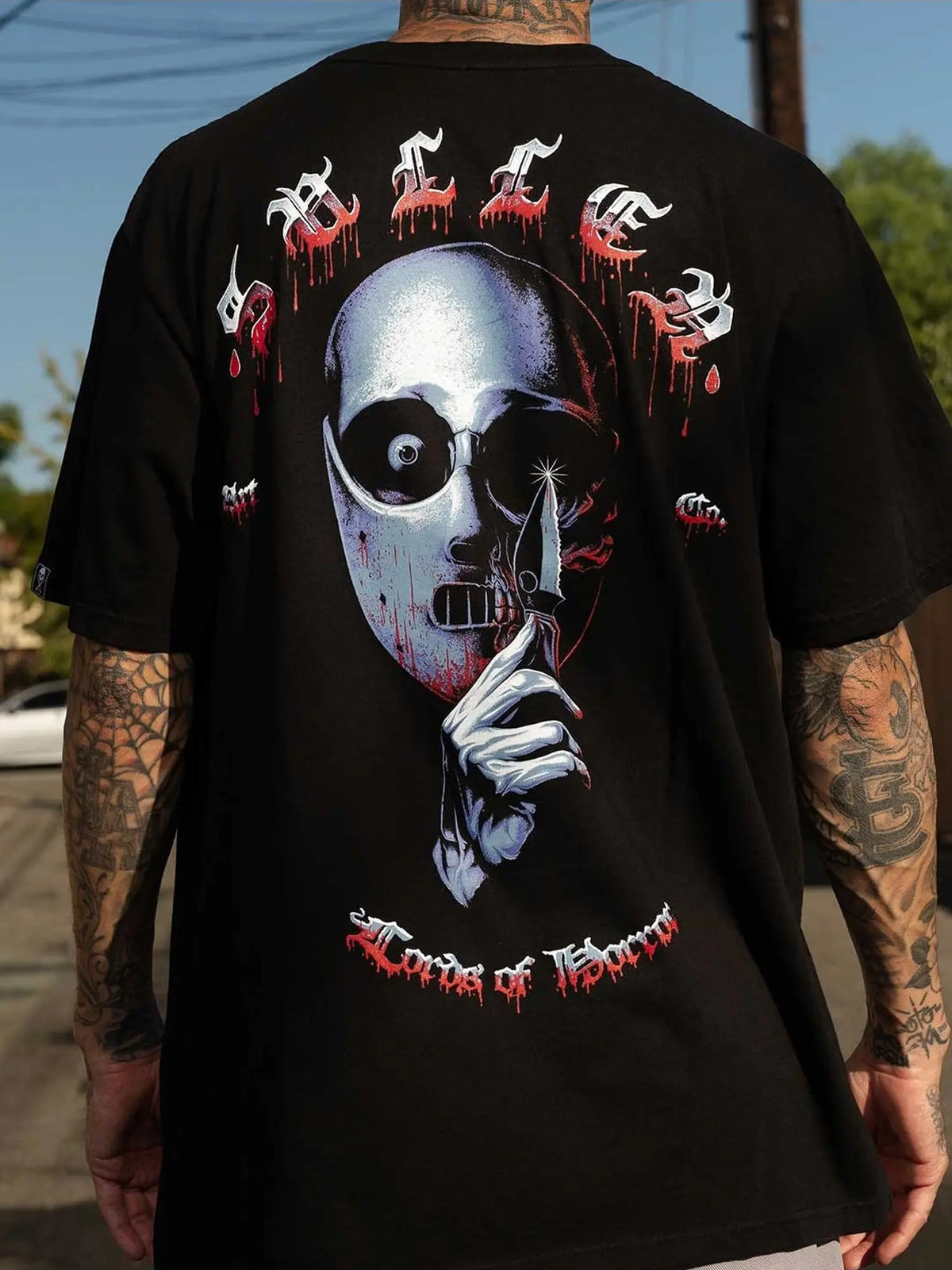 Styled back view of the Sullen Horror Icon Lector Premium T-shirt