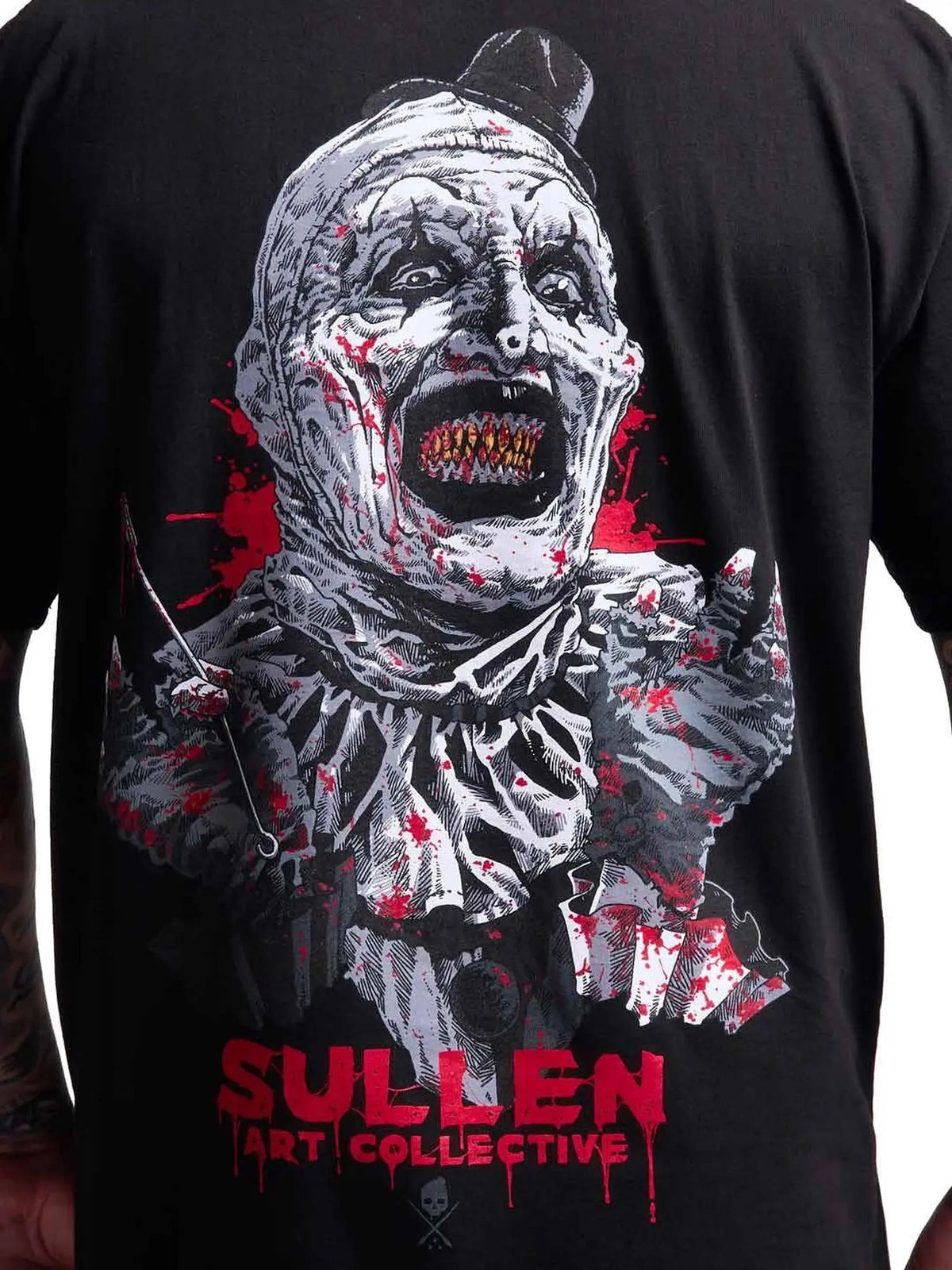 Close-up of the Killer Clown back graphic with red paint details