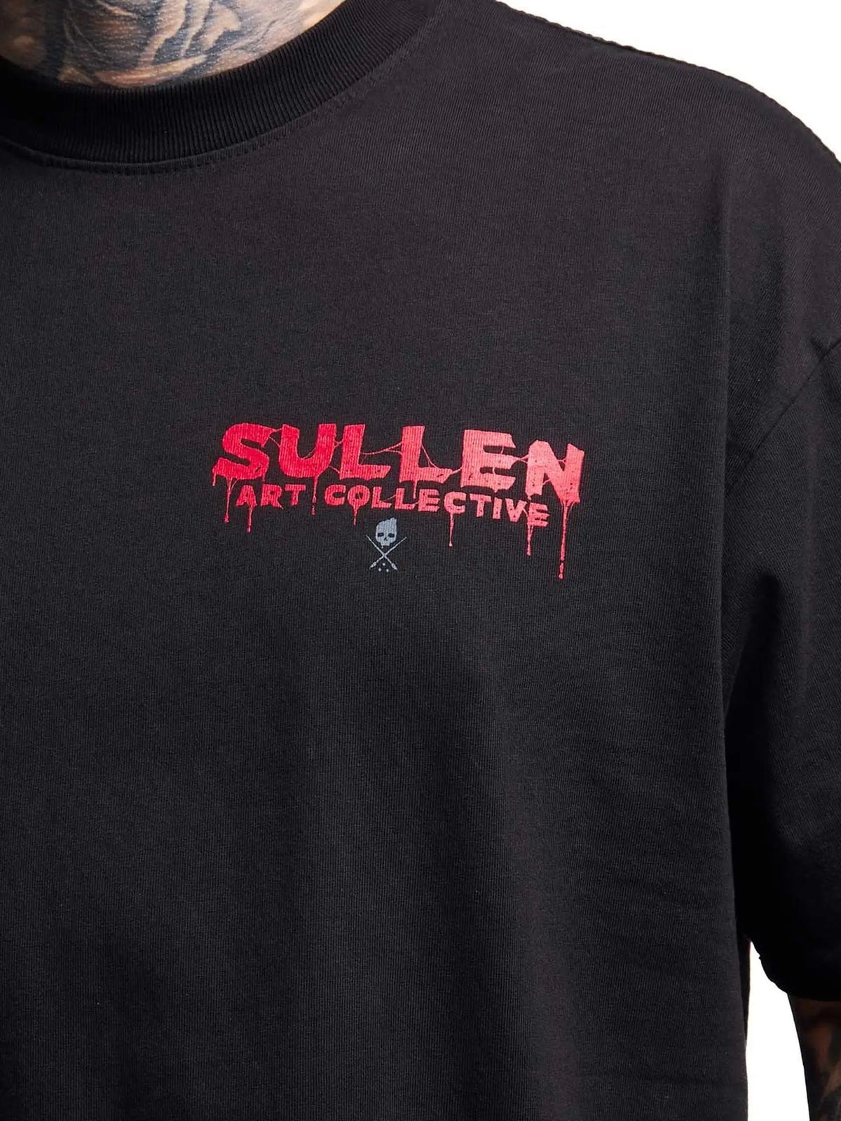 Close-up of the red Sullen chest logo on the Killer Clown T-shirt