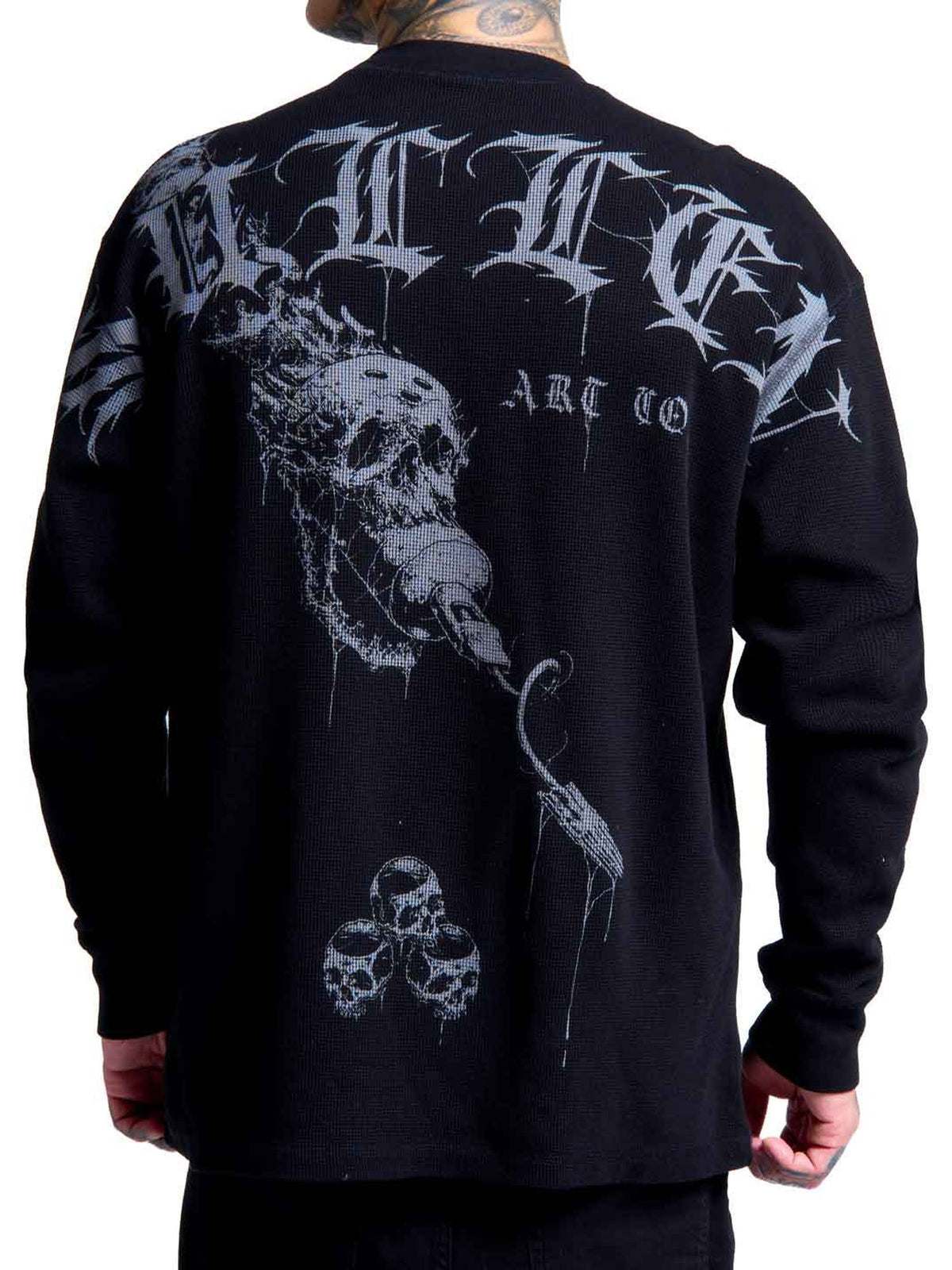 Sullen Scorpion black thermal, full back with skull, tattoo-machine artwork and Gothic lettering