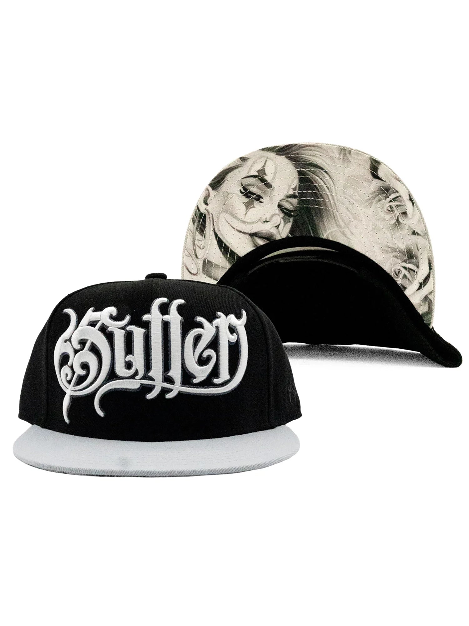 Sullen Sweet Payasa black and grey snapback with front logo and printed underbill