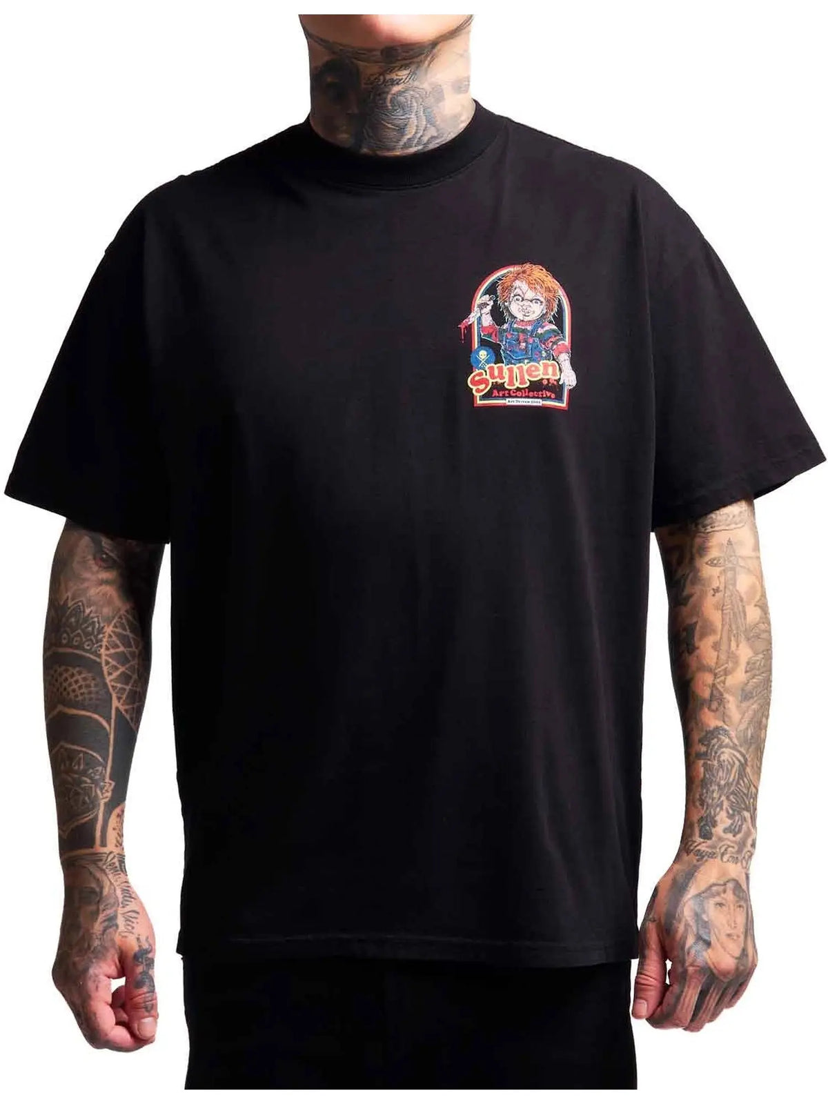 Front view of the Sullen Wanna Play 1 Ton T-shirt with small doll chest graphic